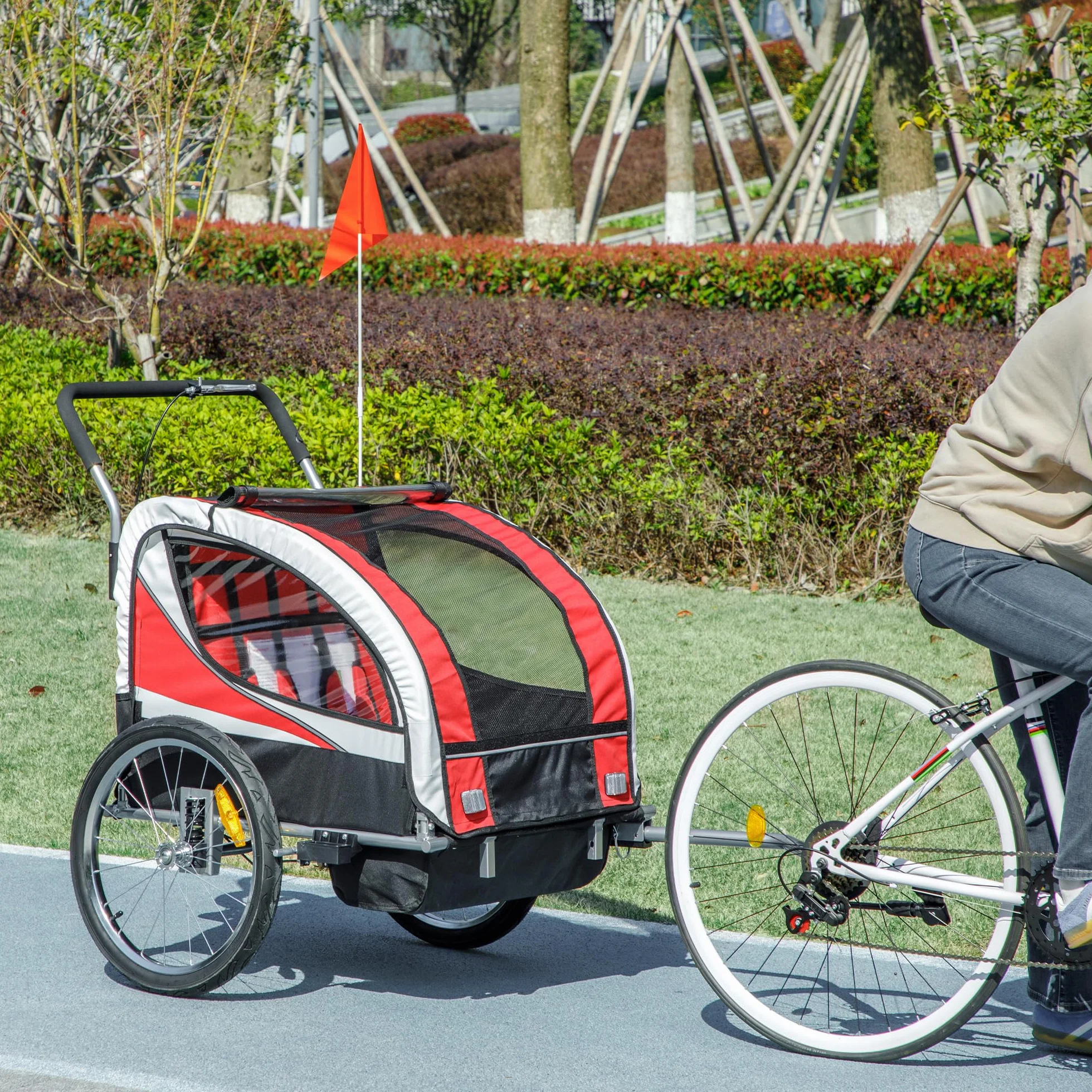 HOMCOM Remorque Velo Enfant 2 en 1 Poussette vélo bébé 2 Places, Ceinture sécurité 5 Points, Charge 40 Kg, Rouge