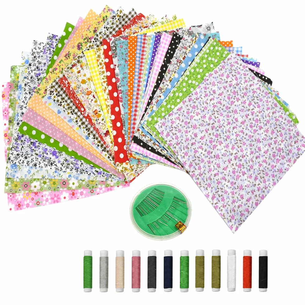 Tissus Coton 50PCS 20x20 cm Patchwork Colorés avec Fil et Aiguilles à Coudre