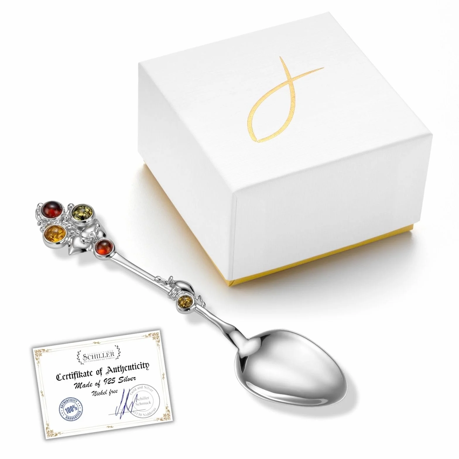 Cuillère En Argent Fabriquée À La Main Avec Ambres Pour Cadeaux De Naissance