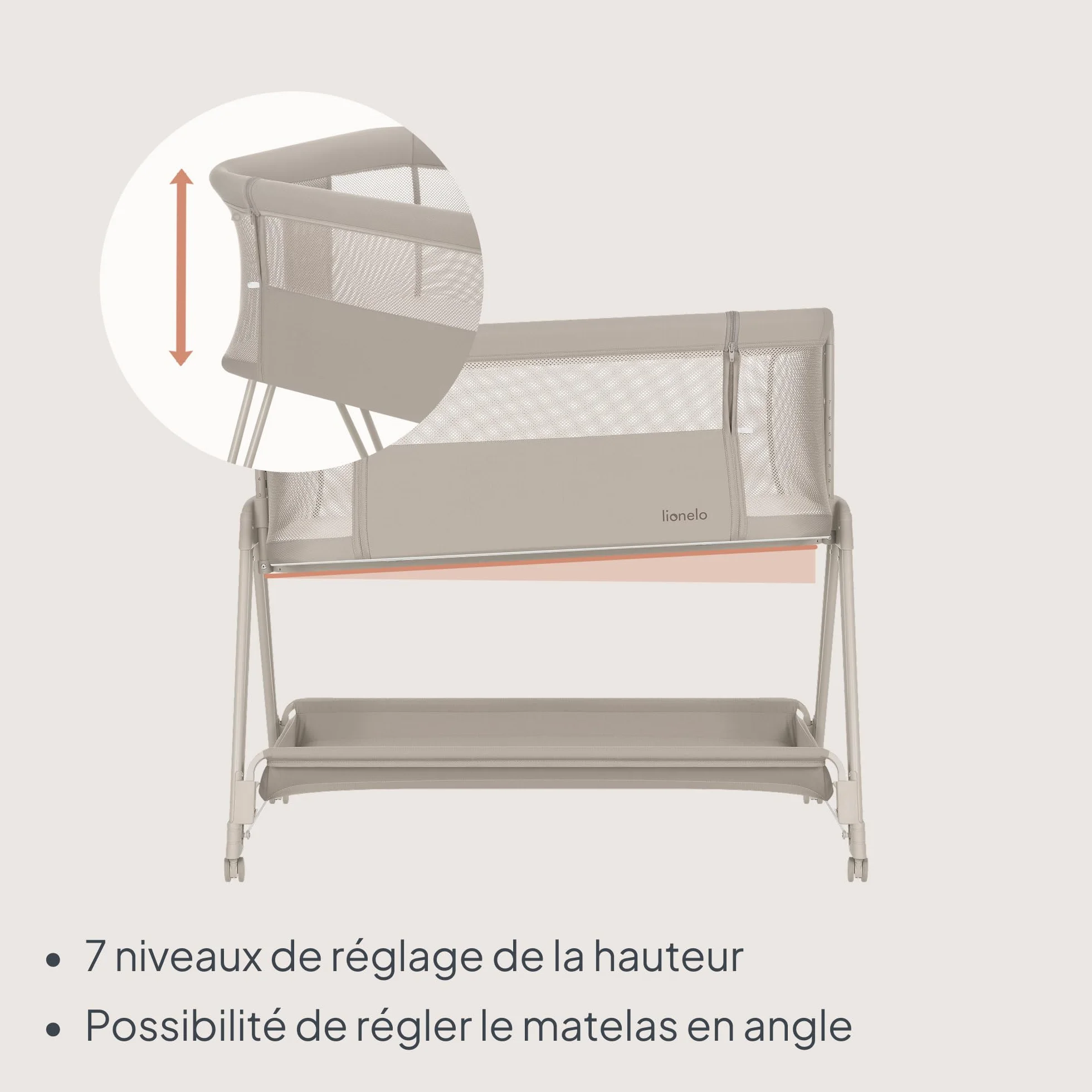 Lionelo Luna Lit Bebe Indépendant Cododo avec Matelas Co-Sleeping Nouveau-né 9 kg Hauteur Inclinaison Réglables 4 Roues Blocage Fixation Lit Parents Aéré Beige