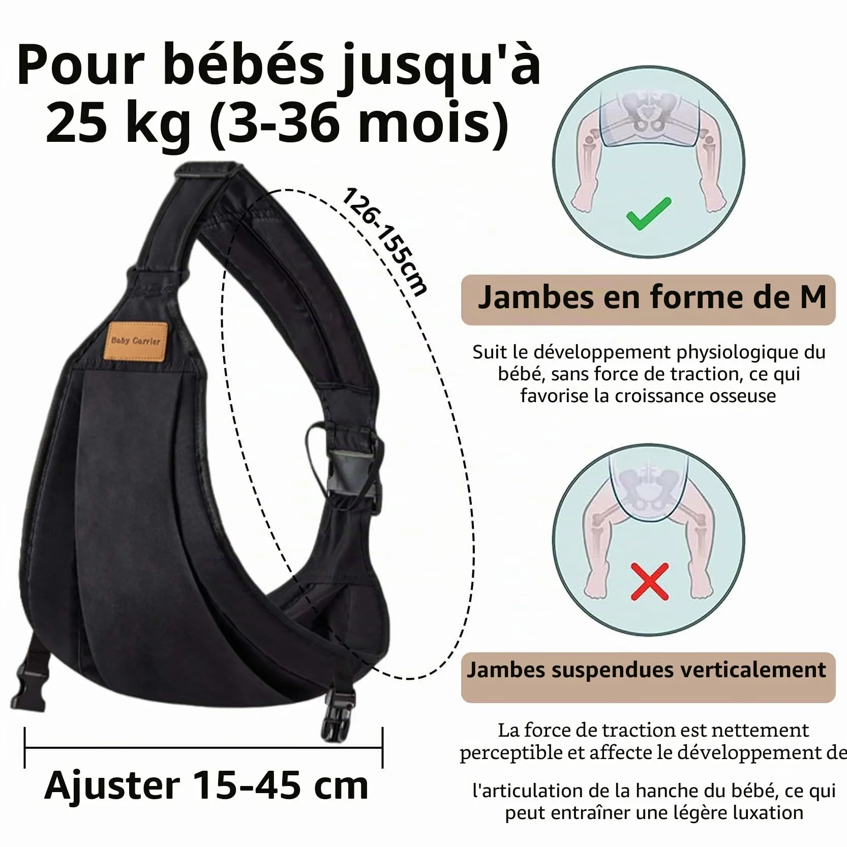 Écharpe de Portage Bébé Porte-bébé Latéral Ergonomique Certifié ASTM 0-36 Mois Noir