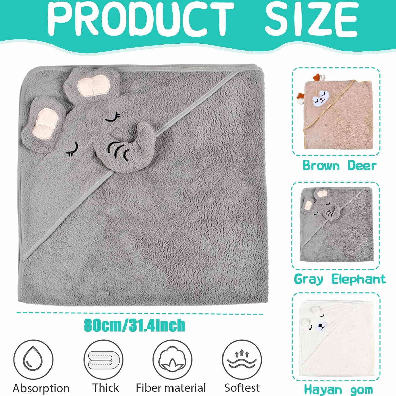 Serviette de Bain Capuche Bébé 80x80cm Cape de Bain 0-5 Ans