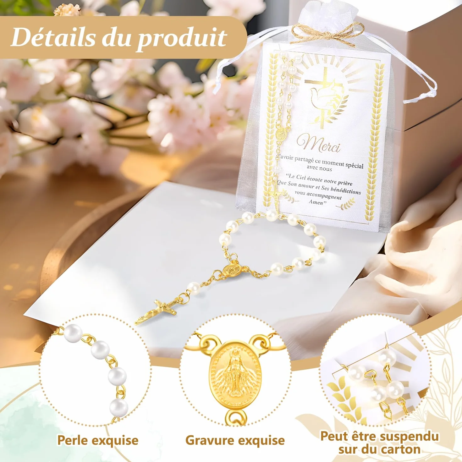 Chapelet en Acrylique Lot 12 Perles Carte Merci Sac Organza Cadeau Baptême Communion Mariage