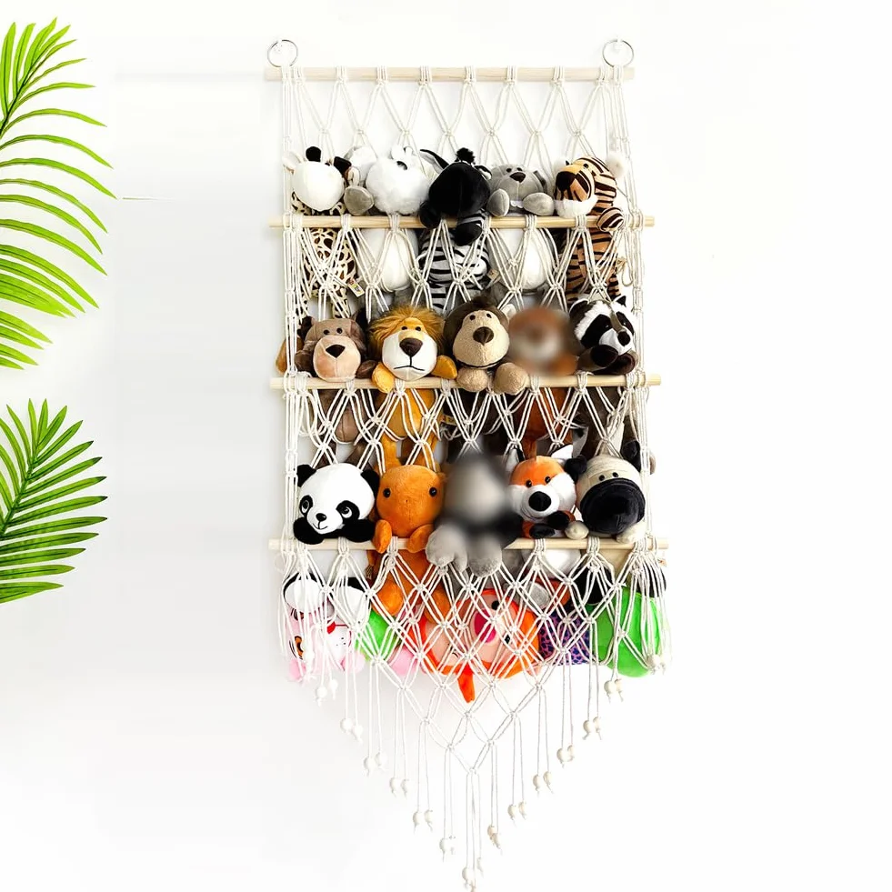 Hamac de Rangement pour Jouets Tissée à la Main en Corde de Coton à Suspendre Support de Rangement Peluche