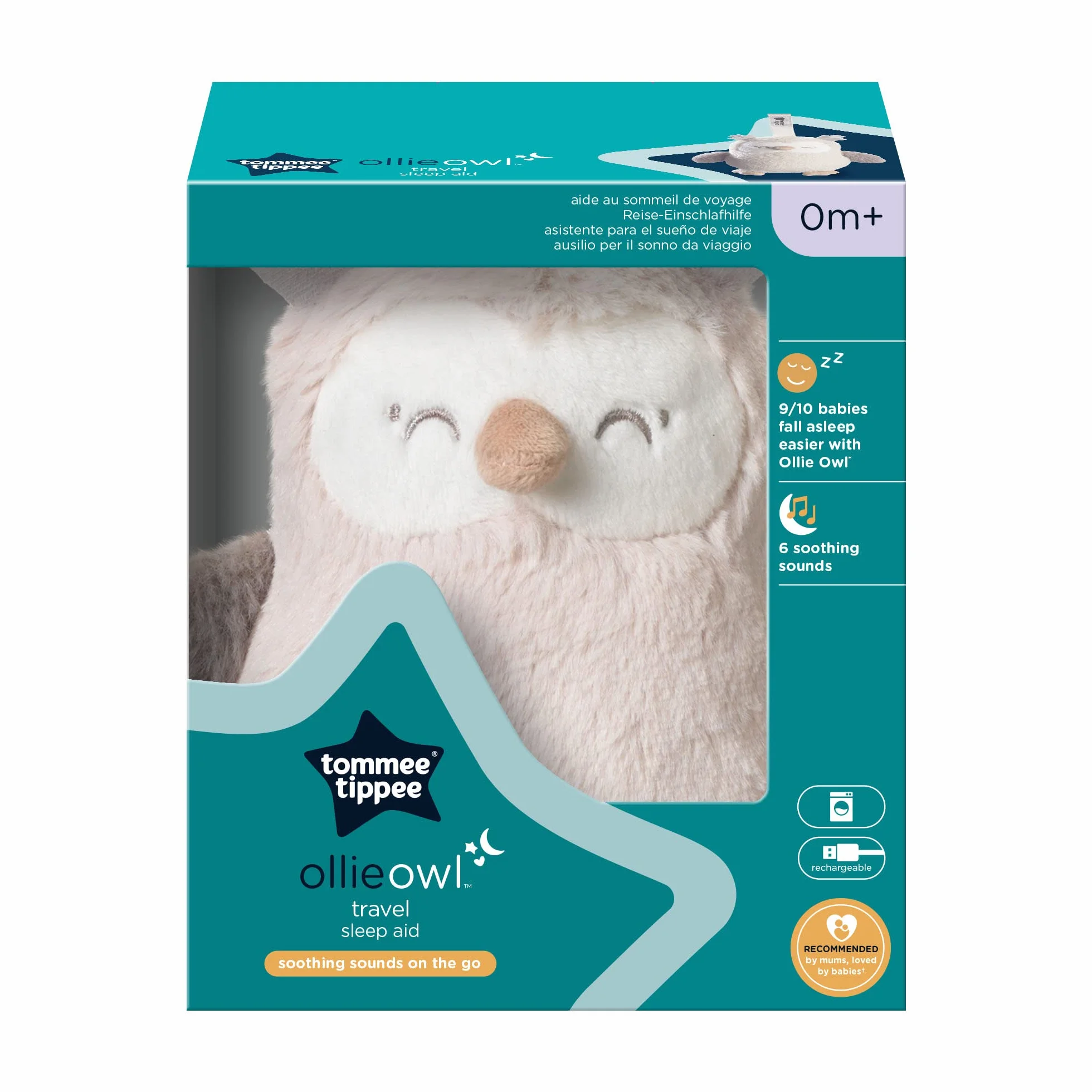 Tommee Tippee Mini OllieChouette Aide au sommeil portable bruit blanc machine rechargeable USB 72h lavable