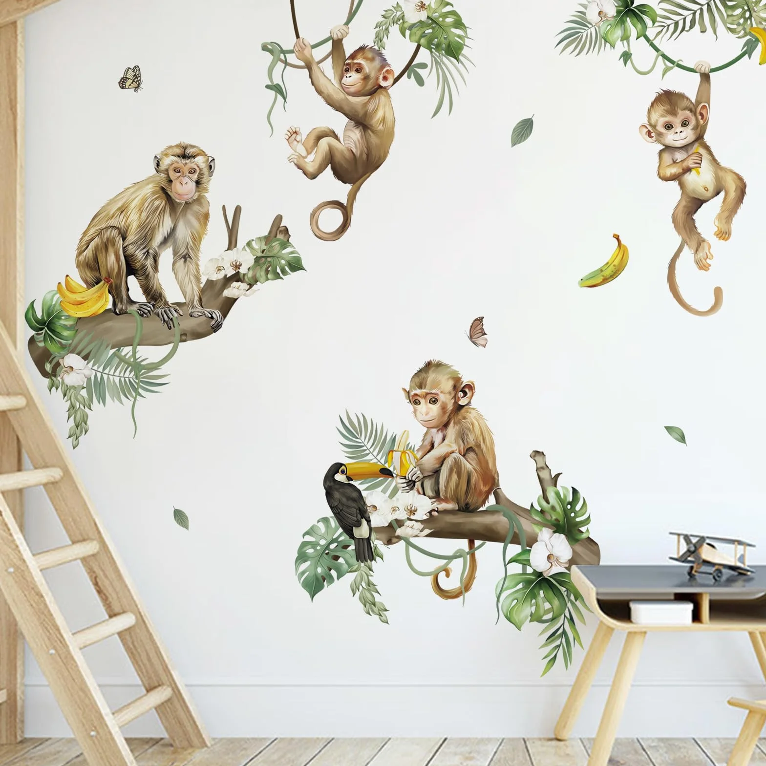 Decalmile Autocollant Mural Animaux Sauvages Singe Jungle Arbre Branche Décoration Murale Chambre Enfants
