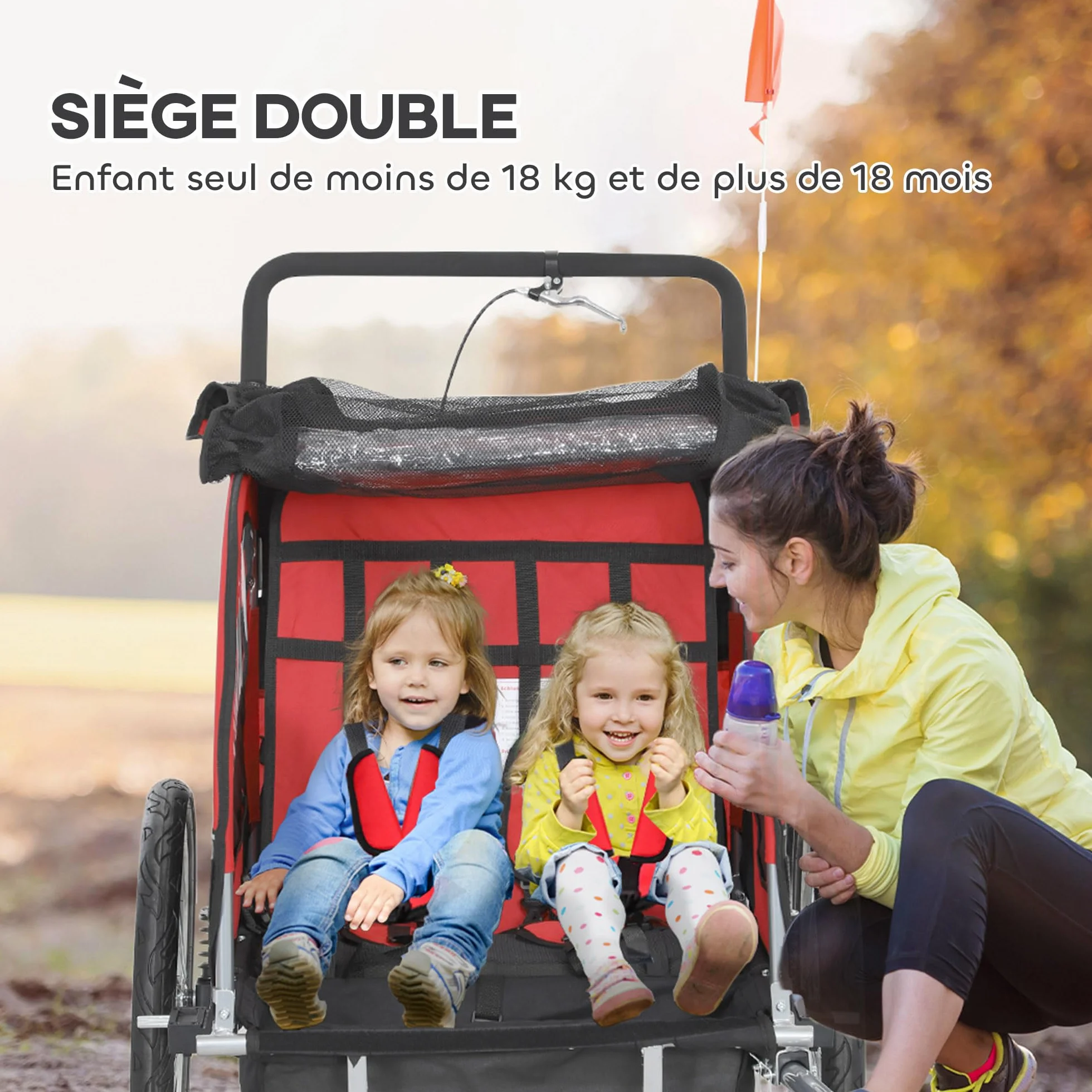 HOMCOM Remorque Velo Enfant 2 en 1 Poussette vélo bébé 2 Places, Ceinture Sécurité 5 Points, Charge 40 Kg