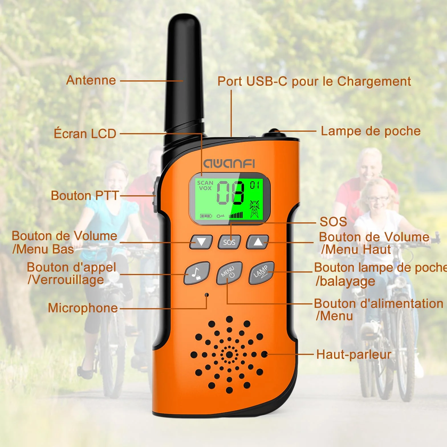Talkie Walkie Enfants Adultes Rechargeable 3 Pièces, Longue Portée Lampe Torche 8 Canaux, USB Type C pour Camping Randonnée Vélo