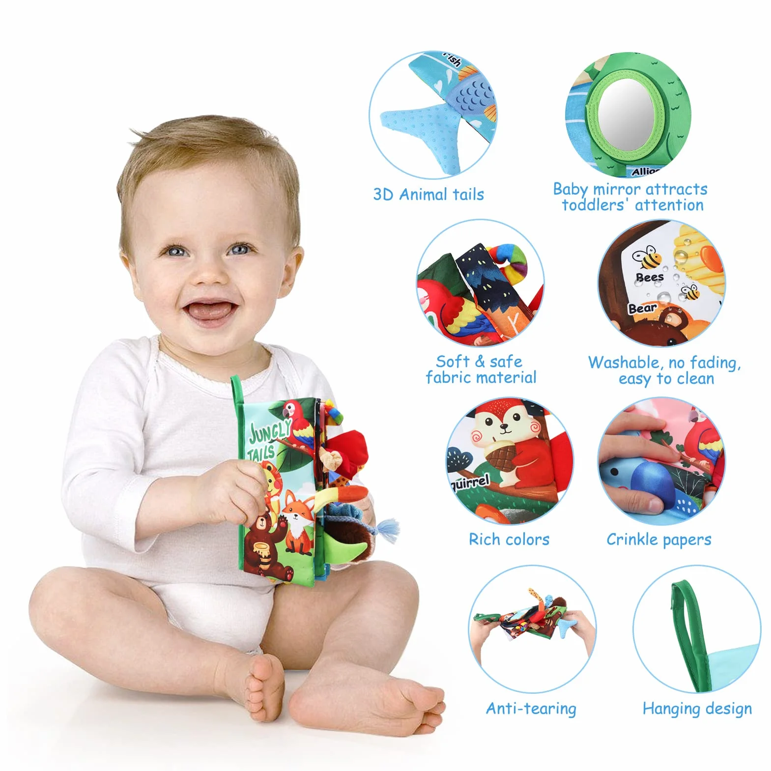 JoyPlus Jeux Montessori Bebe Eveil 0-12 Mois, Jouets Livre Tissu Sensoriels Animaux avec Miroir