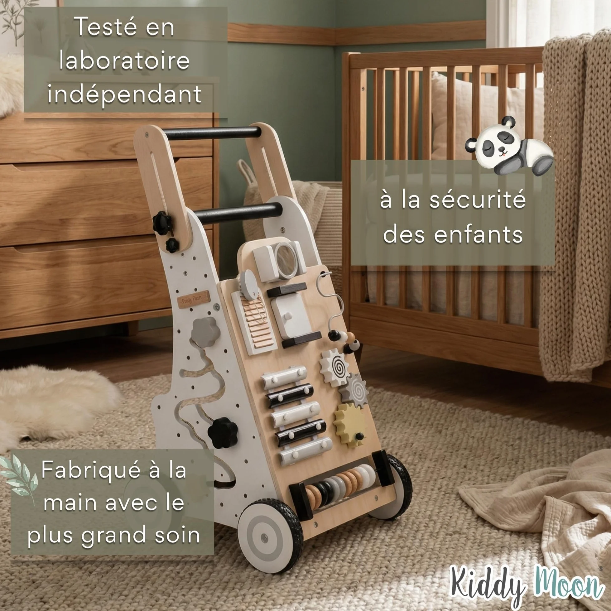KiddyMoon Trotteur Tableau D'Activité Bois Chariot Marche Bébé Multifonctionnel WK-001 Noir-Blanc