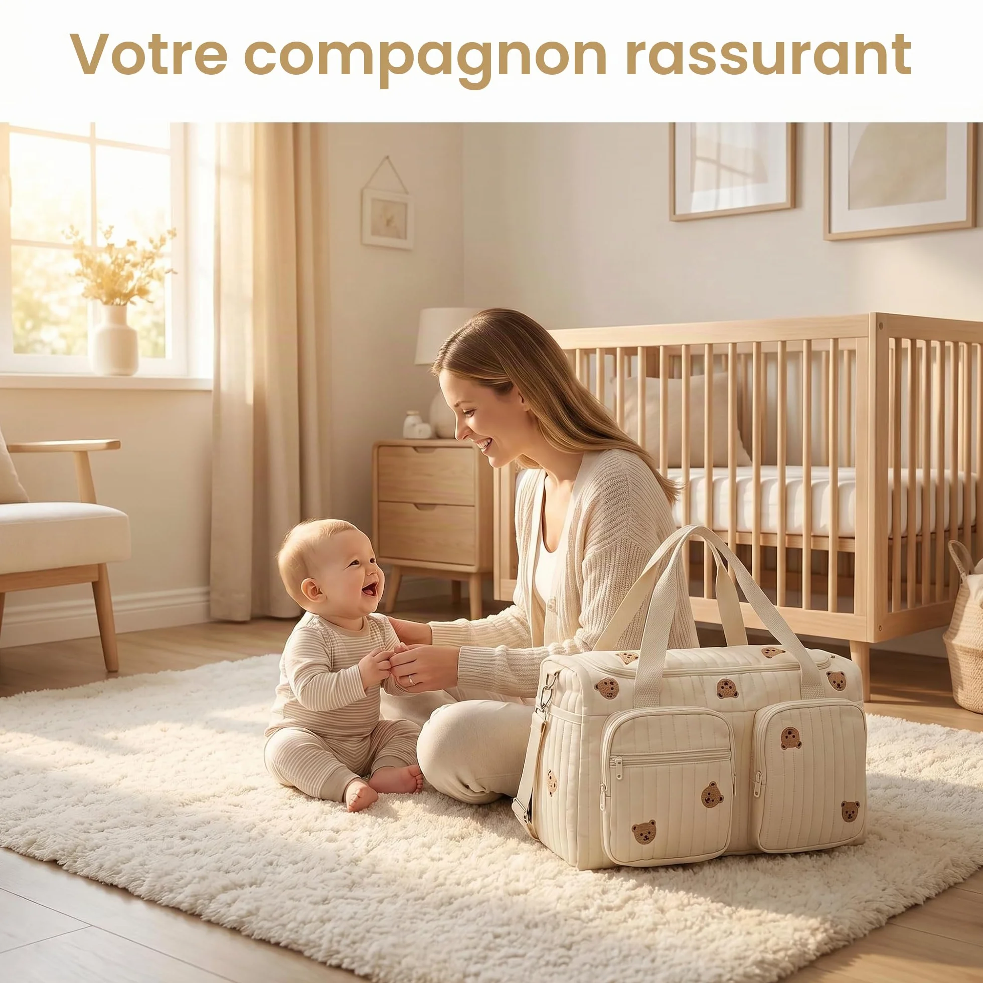 Sac à Langer Bebe Bandoulière 48x26x22cm, Sac de Maternité Multi Poches, Sac de Voyage Femme avec Ceinture Ajustable