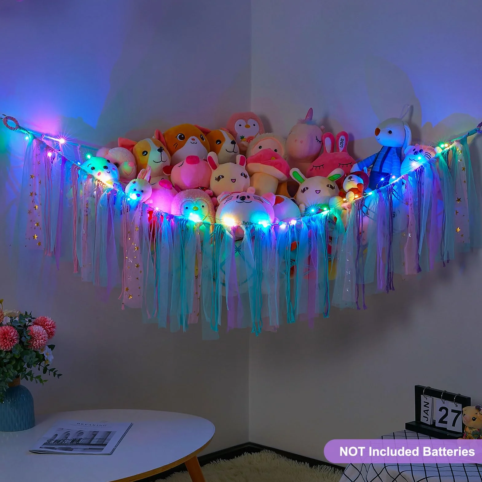 Hamac pour jouets en peluche - Filet de rangement suspendu avec lumière LED - Organiseur en macramé tissé à la main