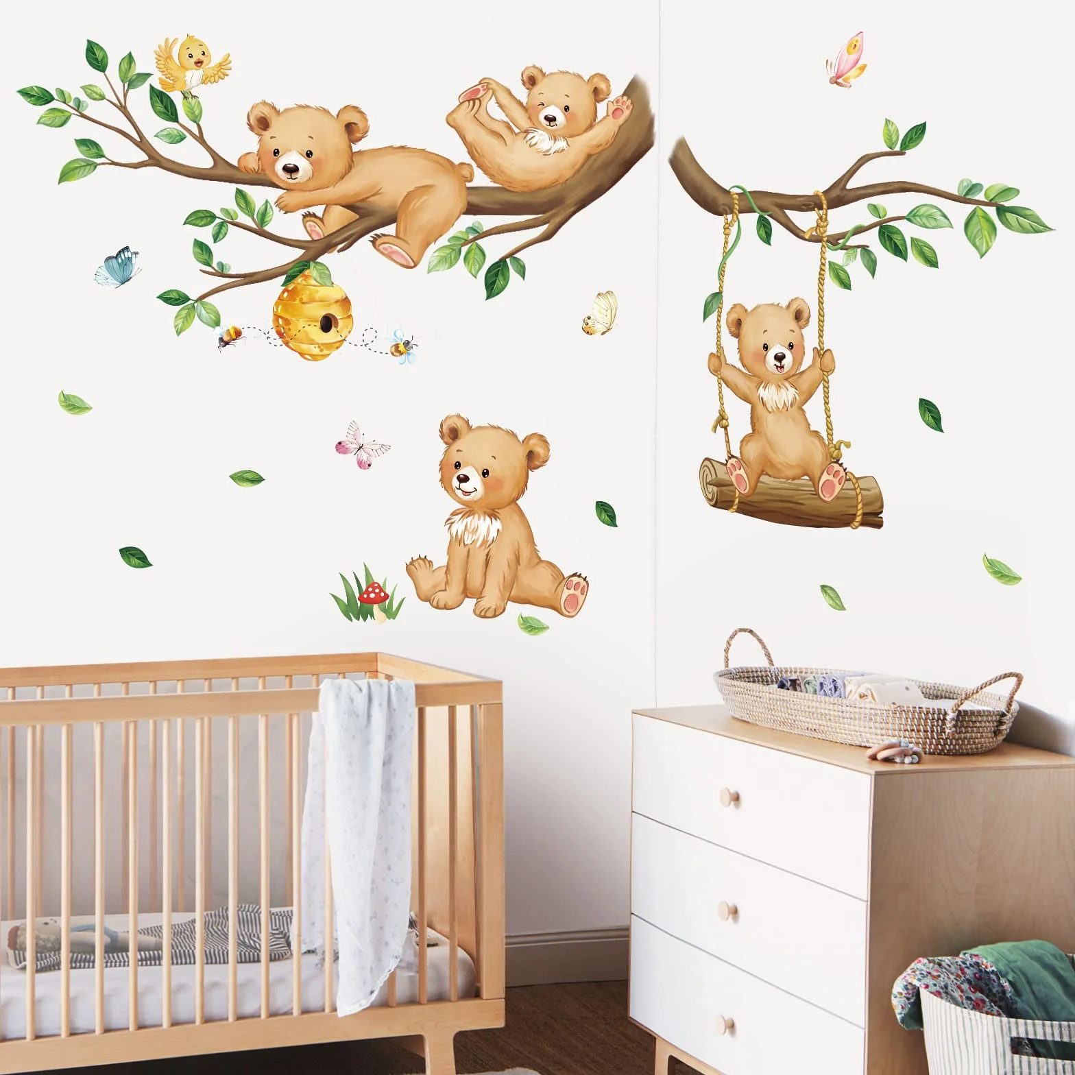 Decalmile Autocollant Mural Animaux Forêt Ours Branche Arbre Vertes Décoration Murale Chambre Enfants