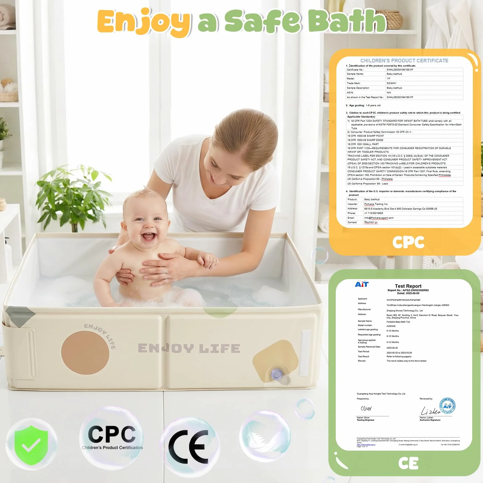 Orzbow Baignoire Pliable Bébé Portable avec étiquette de Température pour Enfants de 6 Mois+, Blanc