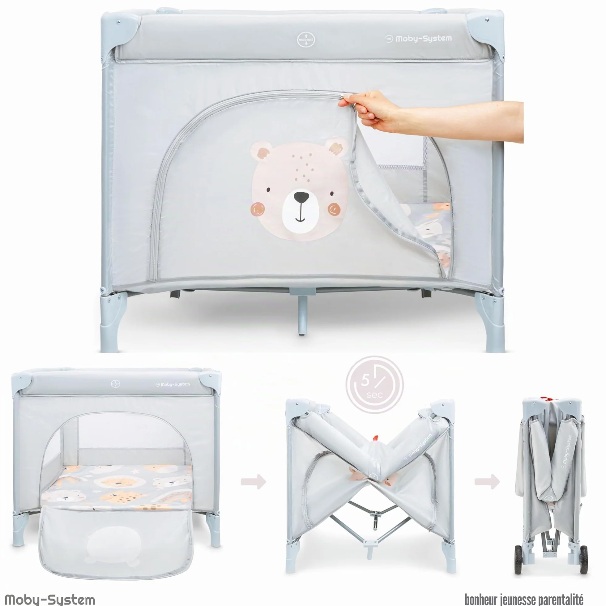 Moby-System Parc Bébé avec Matelas et Sac de Transport - Lit Parapluie Pliable, 97 x 100 x 77 cm
