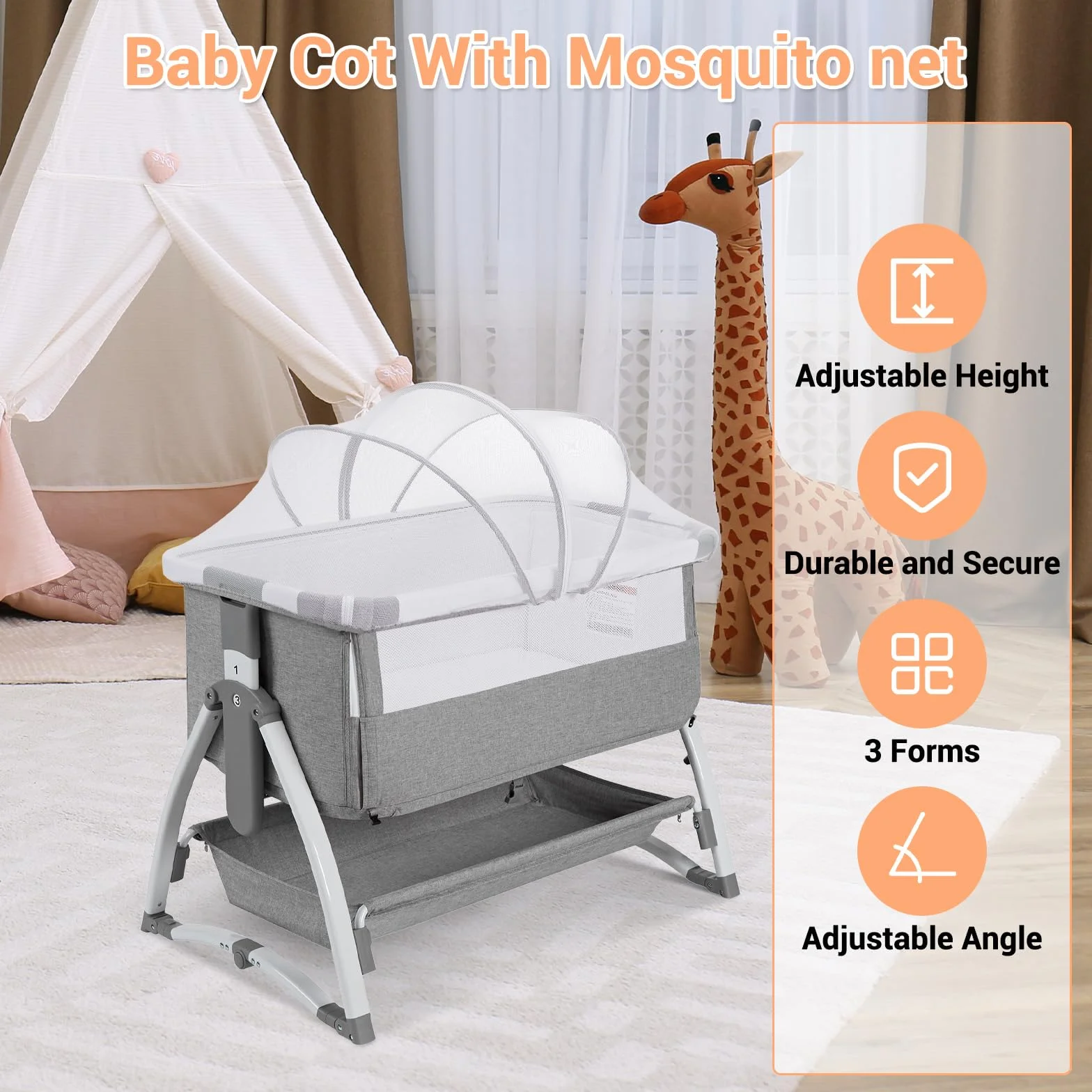 Lit Bébé Évolutif 3 en 1 Convertible Cododo avec Moustiquaire, Matelas, Bascule, 7 Hauteurs Réglables, 0-36 Mois