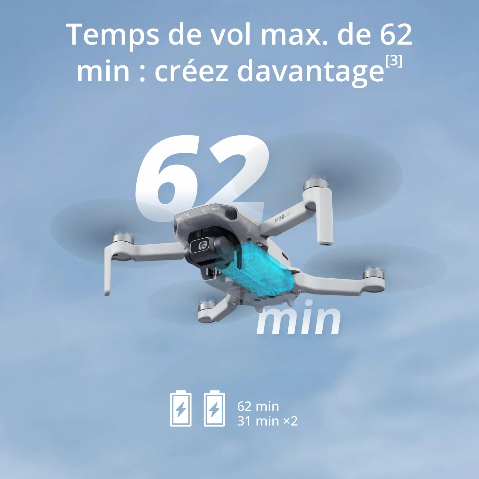 Drone Caméra 4K UHD Mini < 249 g, Stabilisation Nacelle 3 Axes, Transmission 10 km, 2 Batteries 62 min