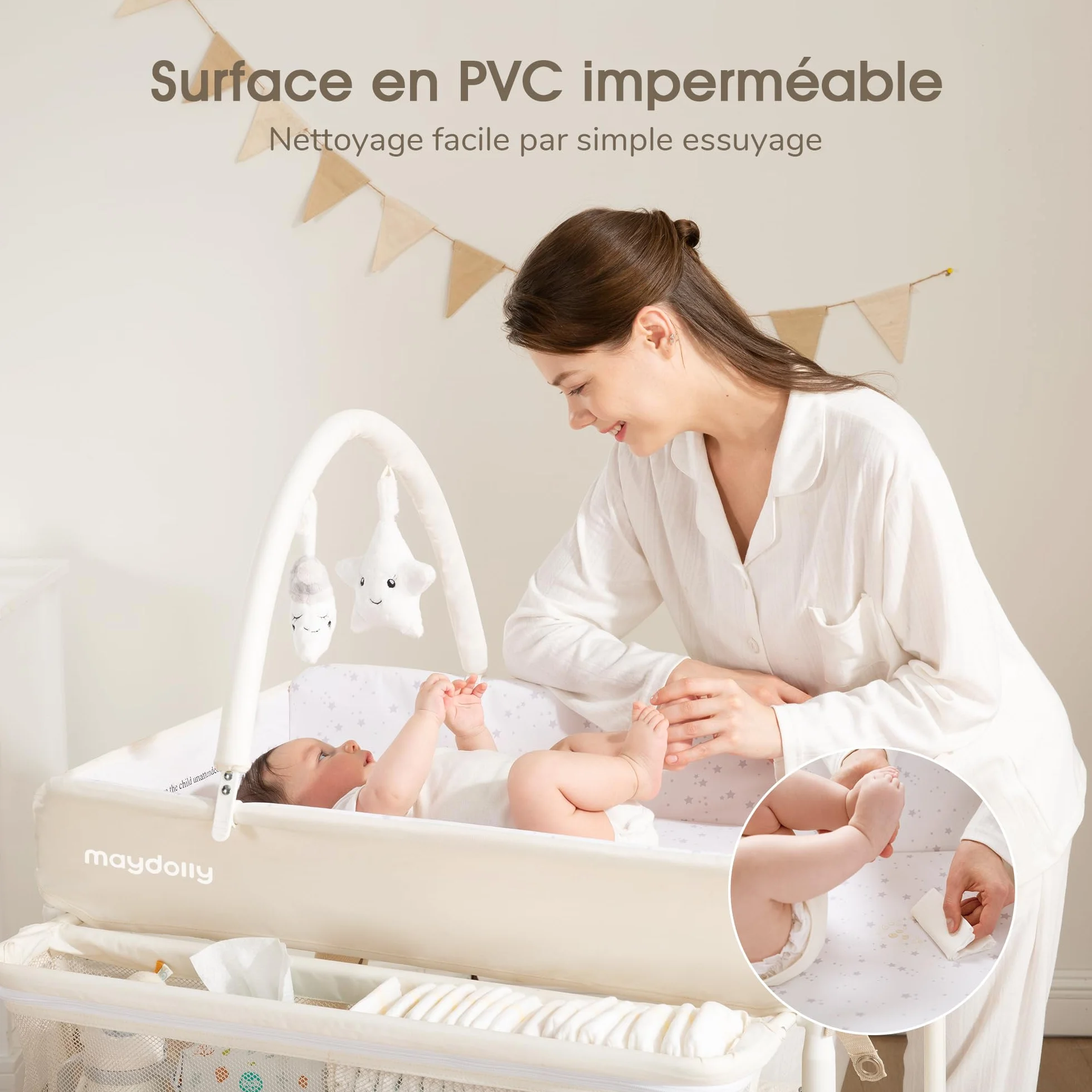 Maydolly Table à Langer Bébé Pliante Roulettes Hauteur Réglable Plan Mobile Matelas Imperméable Rangement Beige