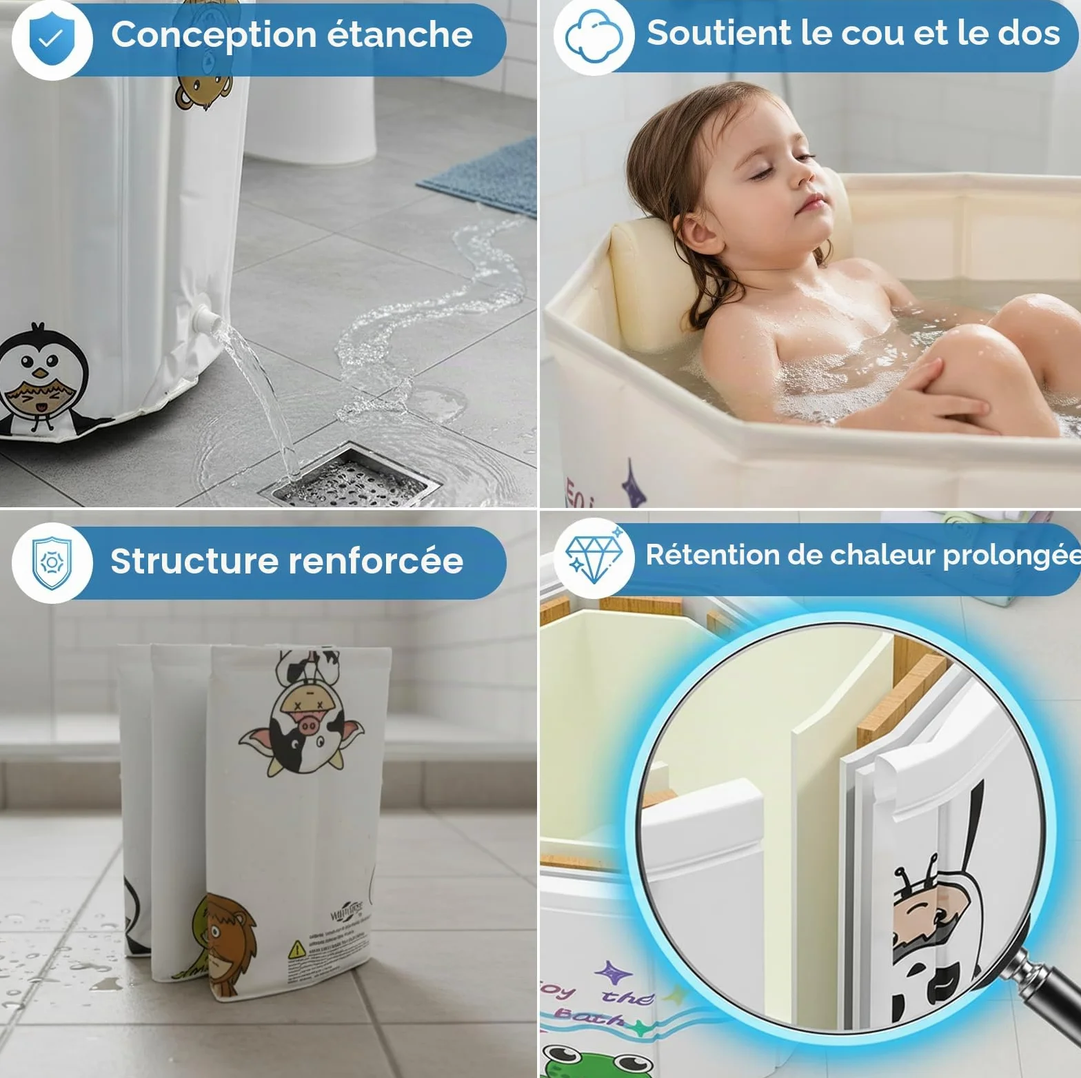 Baignoire Portable Pliable pour Enfants 1-5 Ans WAVYEASE Design Profond Installation Rapide