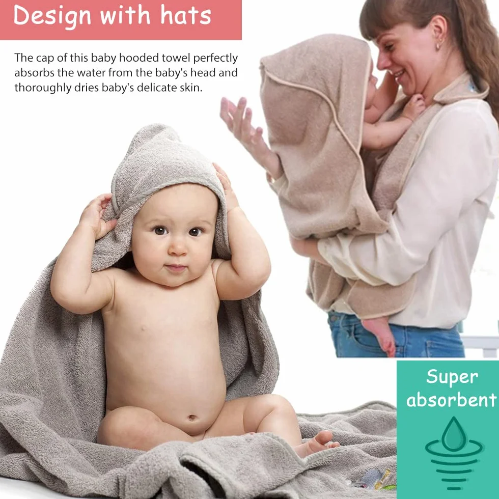 Serviette bébé coton doux absorbant capuche tablier mains libres gris