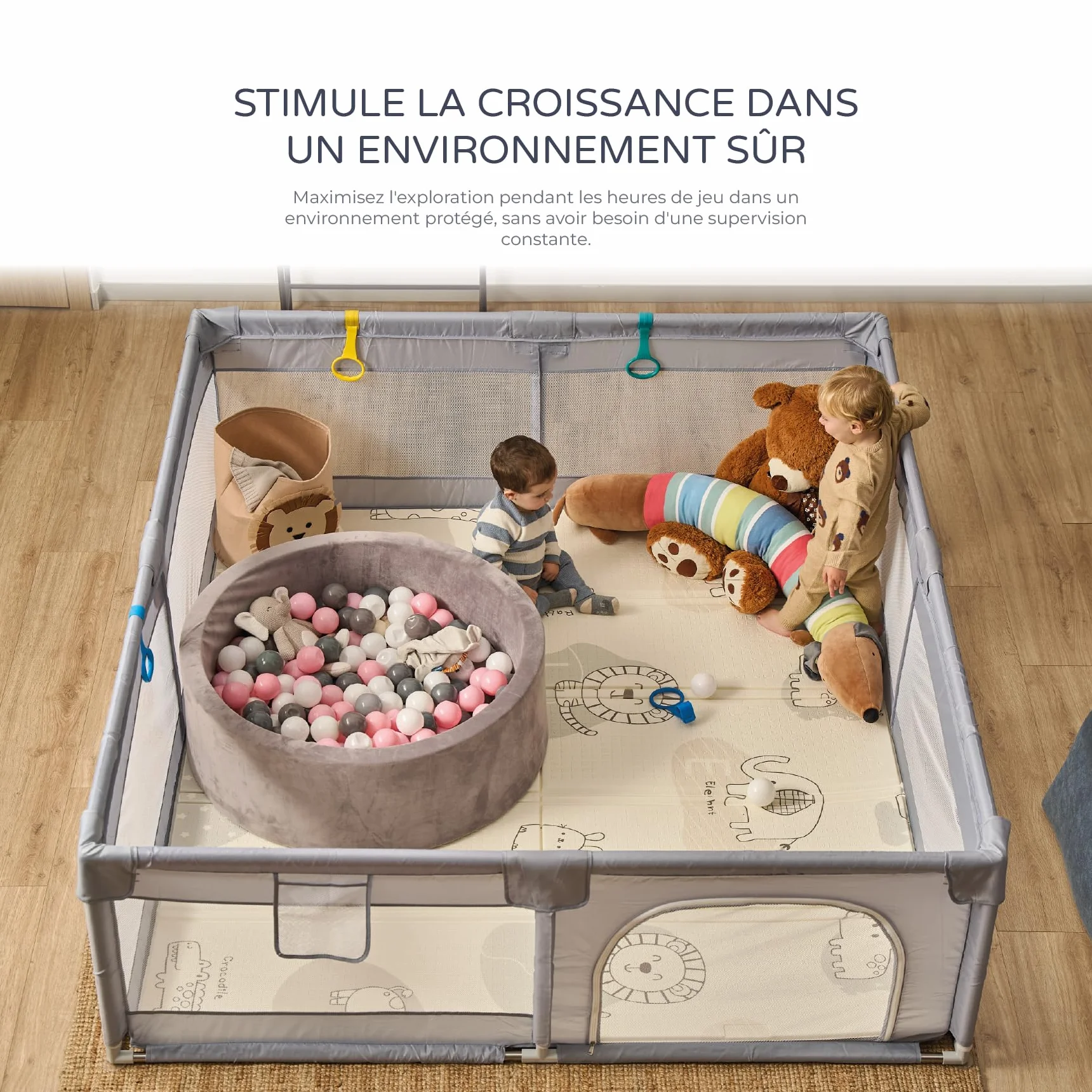 Parc pour enfant XXL en nylon 200 x 180 cm pliable avec chatières et fenêtre filet