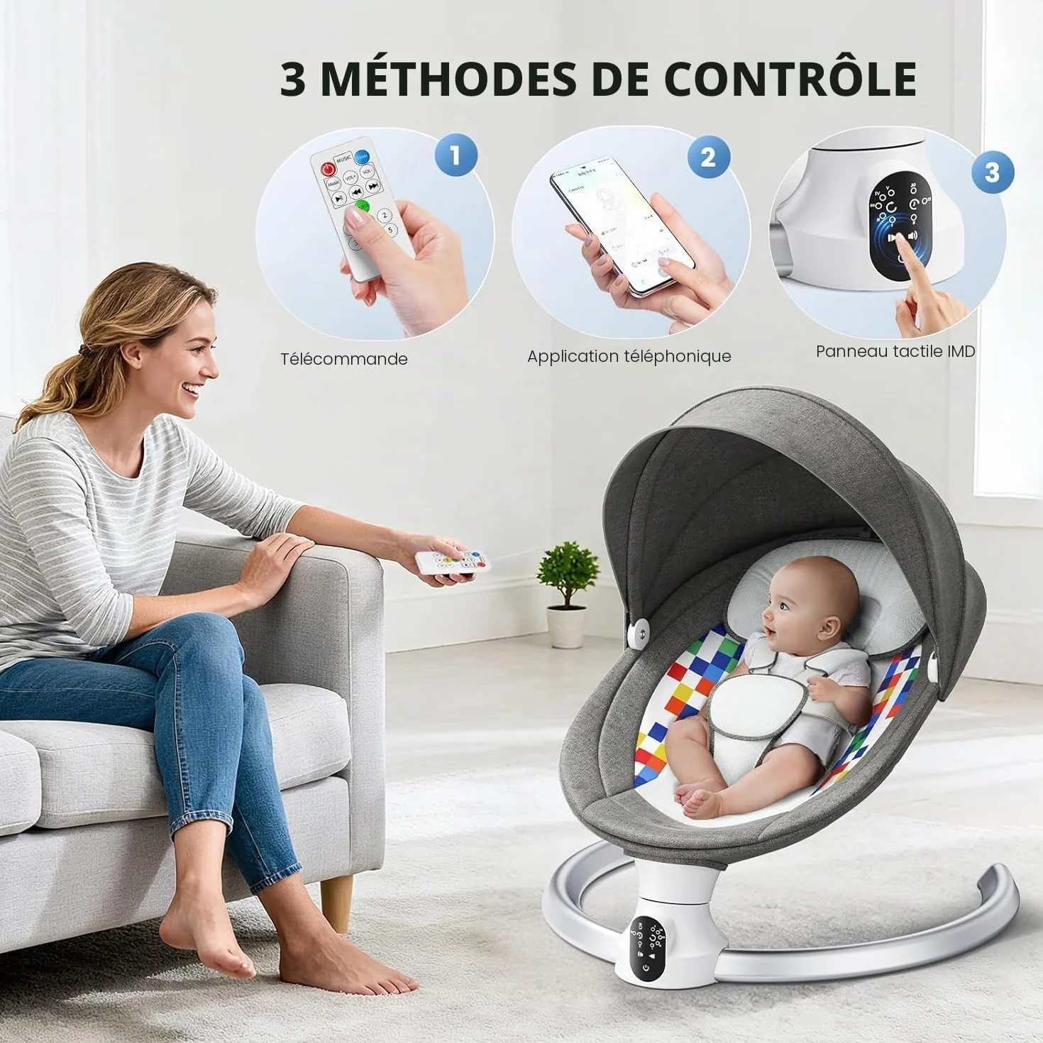 Balancelle Bébé Électrique Transat avec APP et Télécommande, Harnais 5 Points, 3 Minuteries, 5 Vitesses, 10 Mélodies, 0-9 Mois