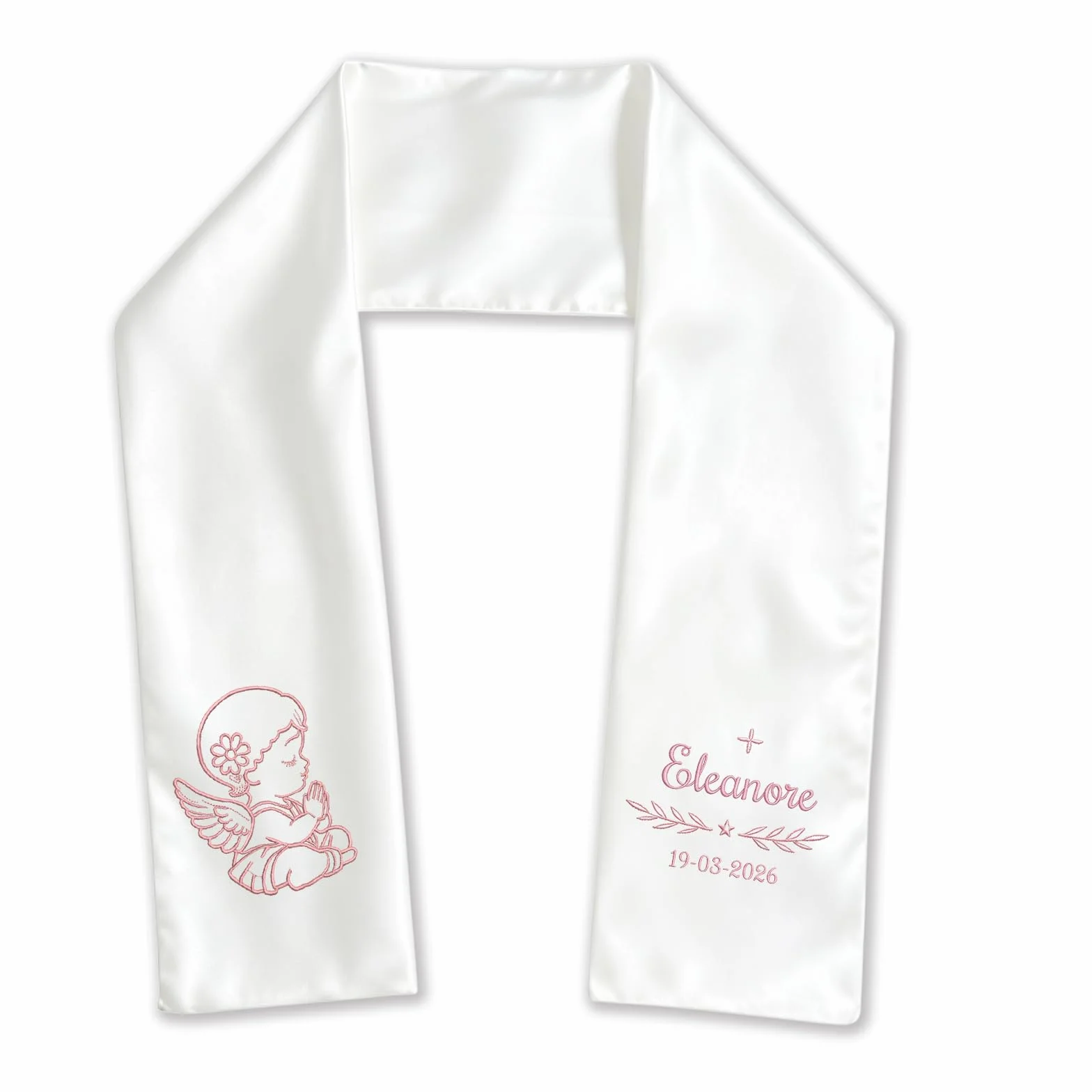 Écharpe de Baptême Personnalisée Enfant, Brodée Prénom et Date, Satin Blanc Ange ou Croix, Cadeau avec Coffret