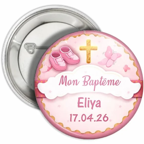 Badge Baptême Personnalisé Prénom Date Cadeau Invités Magnet Porte-clé Modèles Fille Garçon Rose