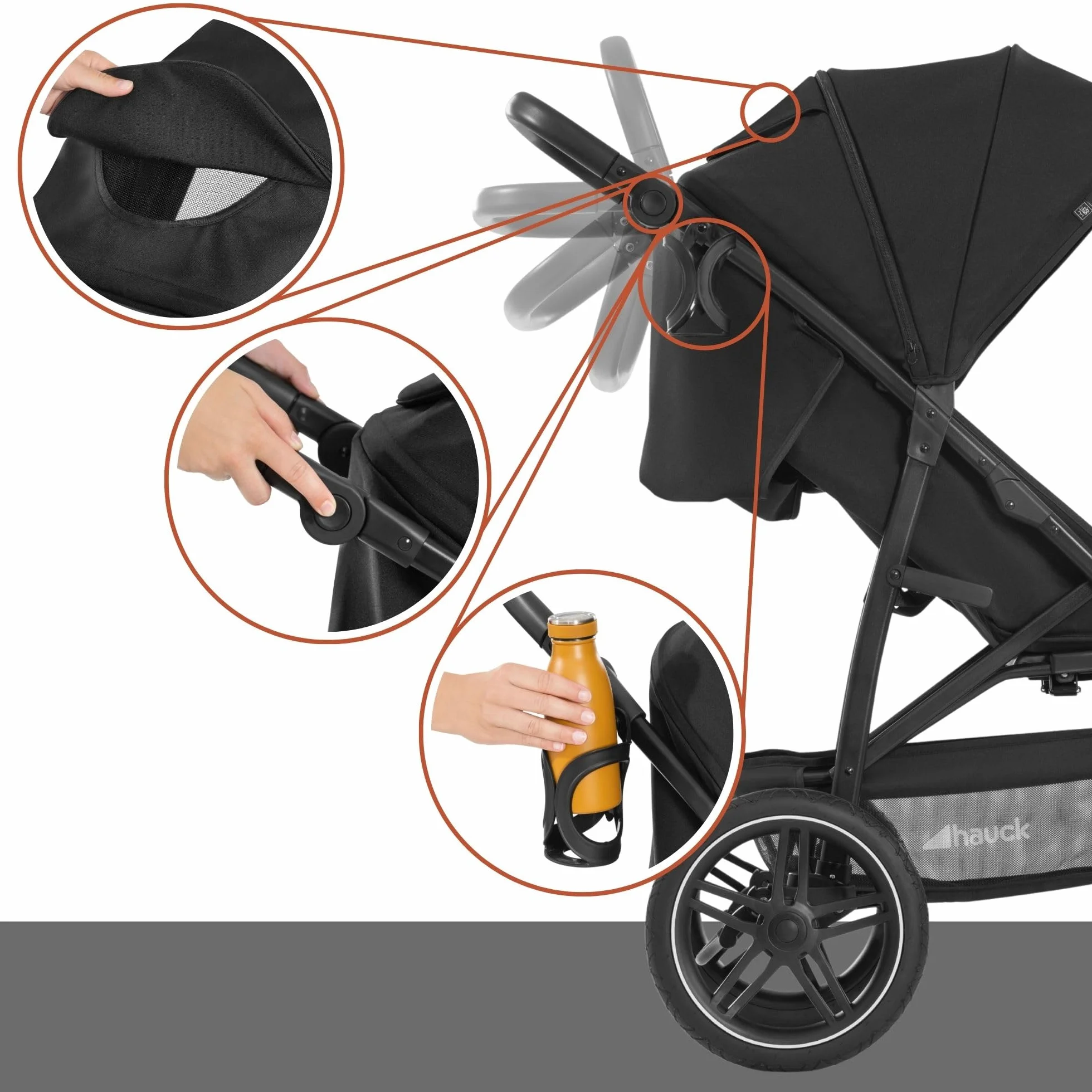 Hauck Poussette 3 Roues Rapid 3R, Pneus Caoutchouc, Suspension, Position Allongée, 22 kg, Protection UV 50+, Pliable, Guidon Réglable, Noir