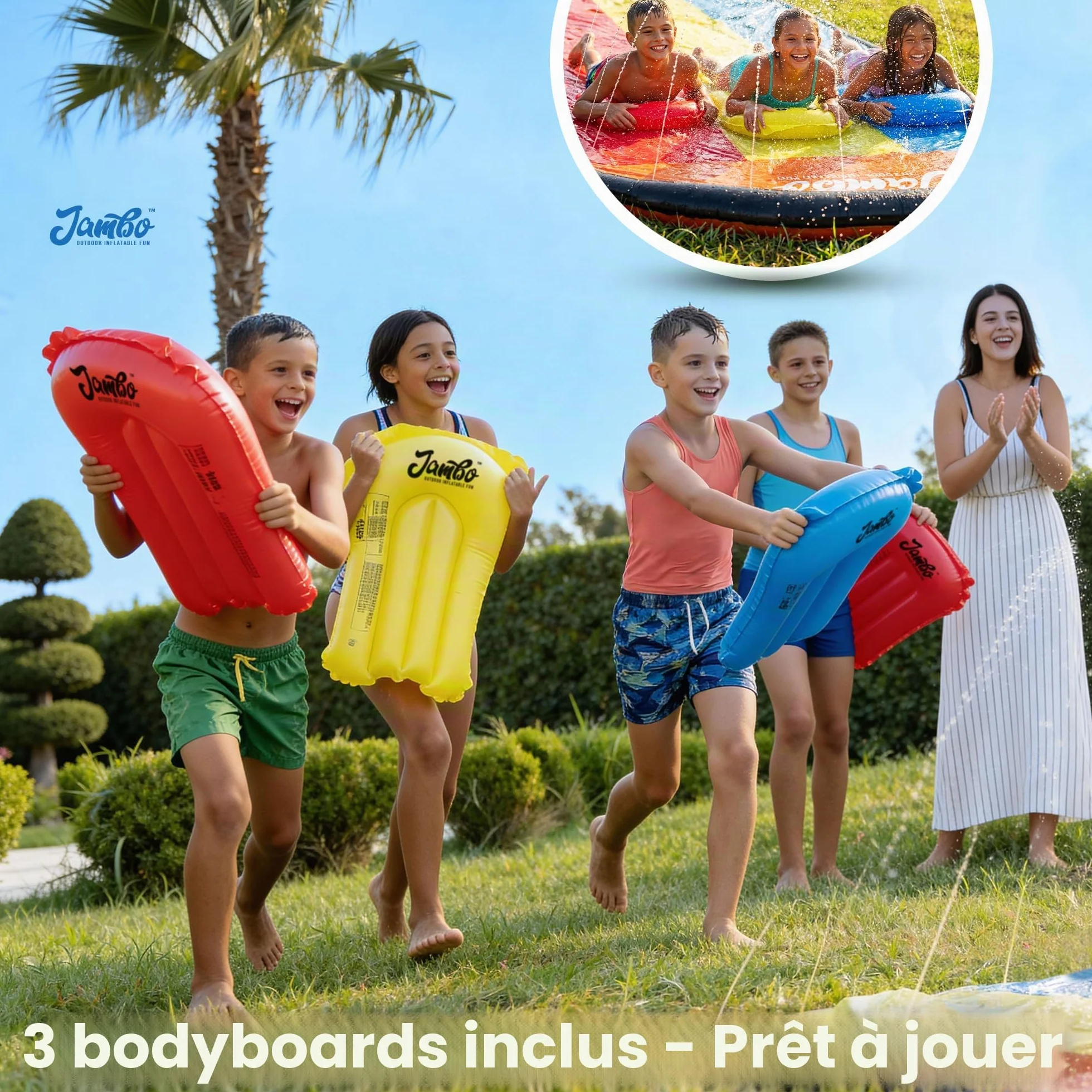 JAMBO Ventriglisse Toboggan Aquatique 610 cm Tapis de Glisse Eau Enfant Triple Piste avec 3 Bodyboards