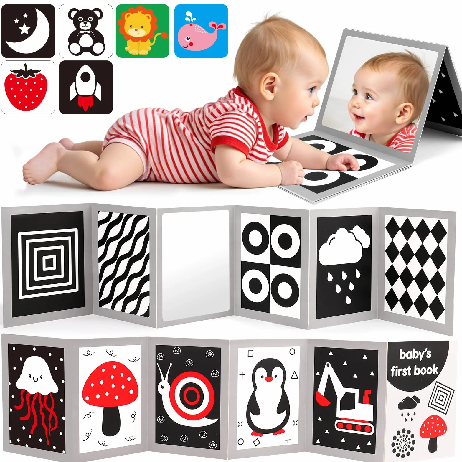 Livre Eveil Bebe 0-6 Mois Noir et Blanc Sensoriel avec Miroir Tummy Time, Carte Contraste Montessori Jeux d’eveil Jouet Cadeau Naissance
