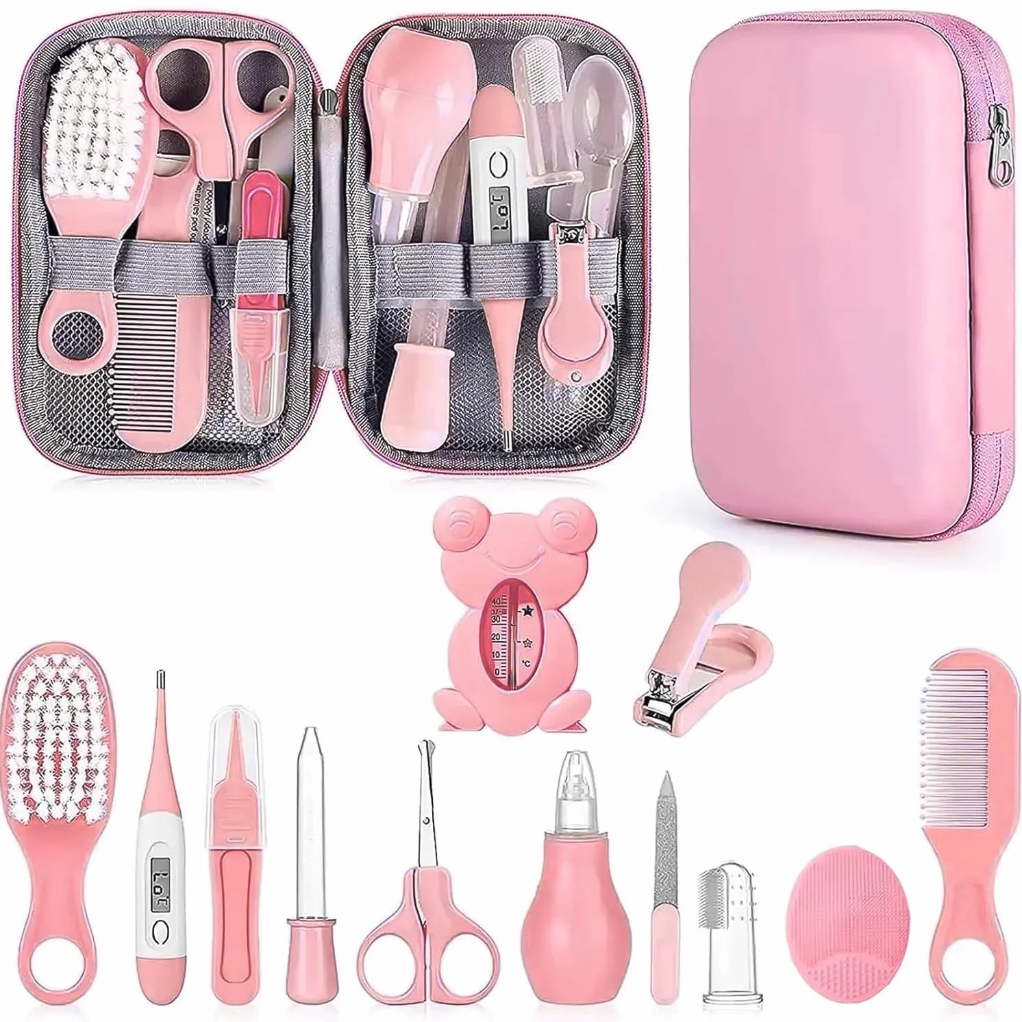PZCC Trousse de Soin Bébé 12 Accessoires Essentiels avec Thermomètre Digital Peigne Coupe Ongles Kit Cadeau Naissance Rose