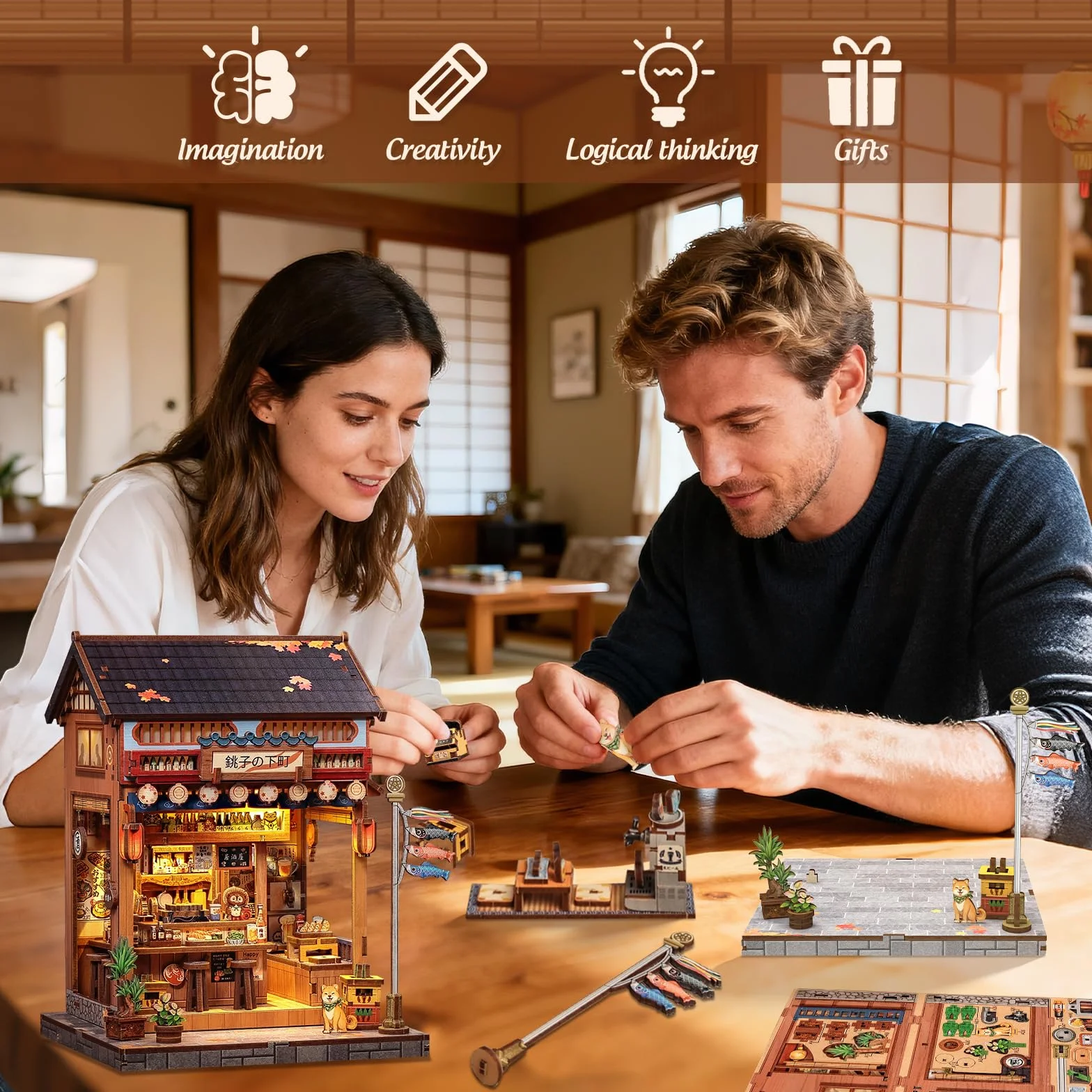 Cutefun Book Nook Kit - Kit de Mini-Maisons de poupées Japonais avec Éclairage LED - Maison de Livres en Miniature à Assembler
