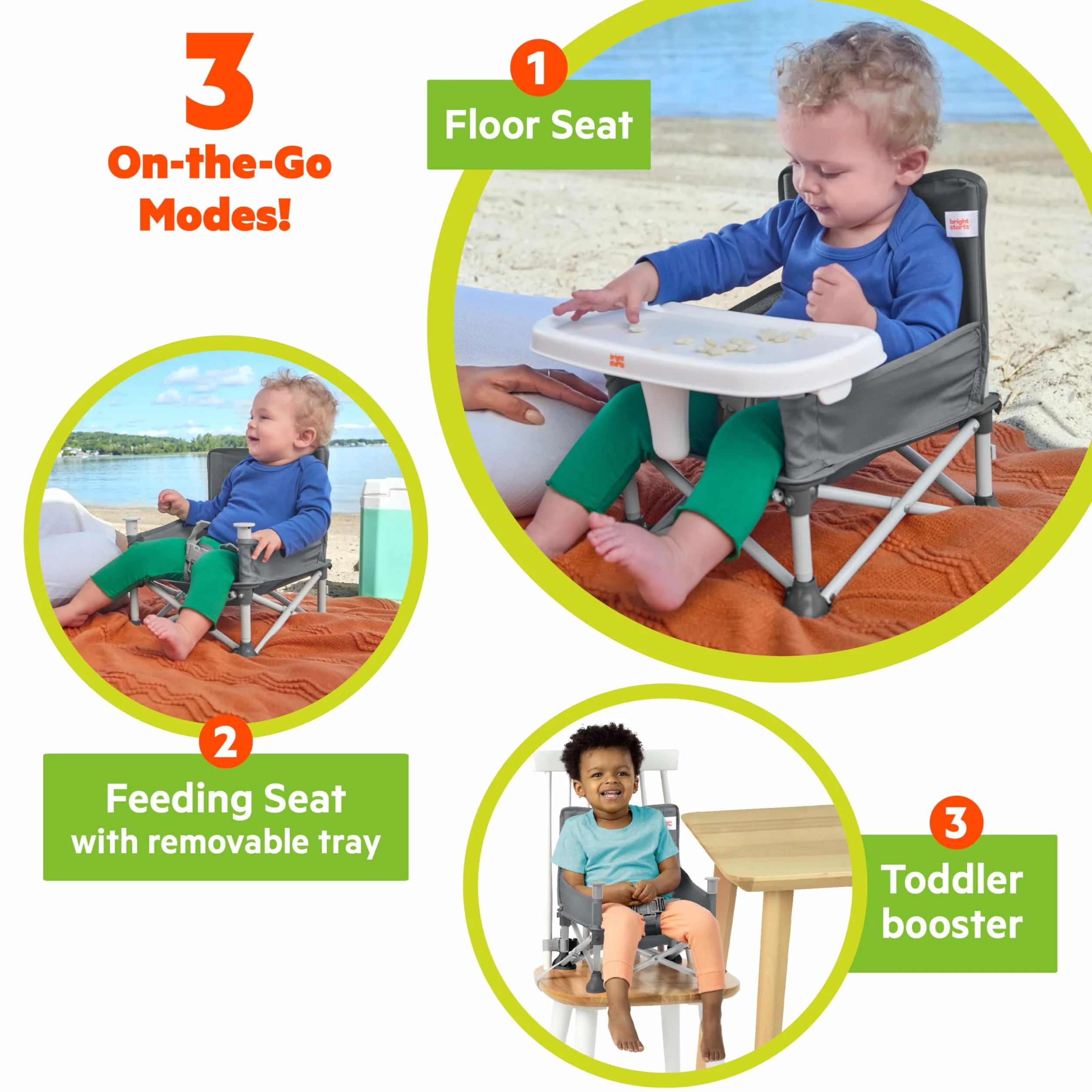 Bright Starts Rehausseur Portable Pop 'N Sit avec Tablette pour Repas Gris 6 Mois à 3 Ans