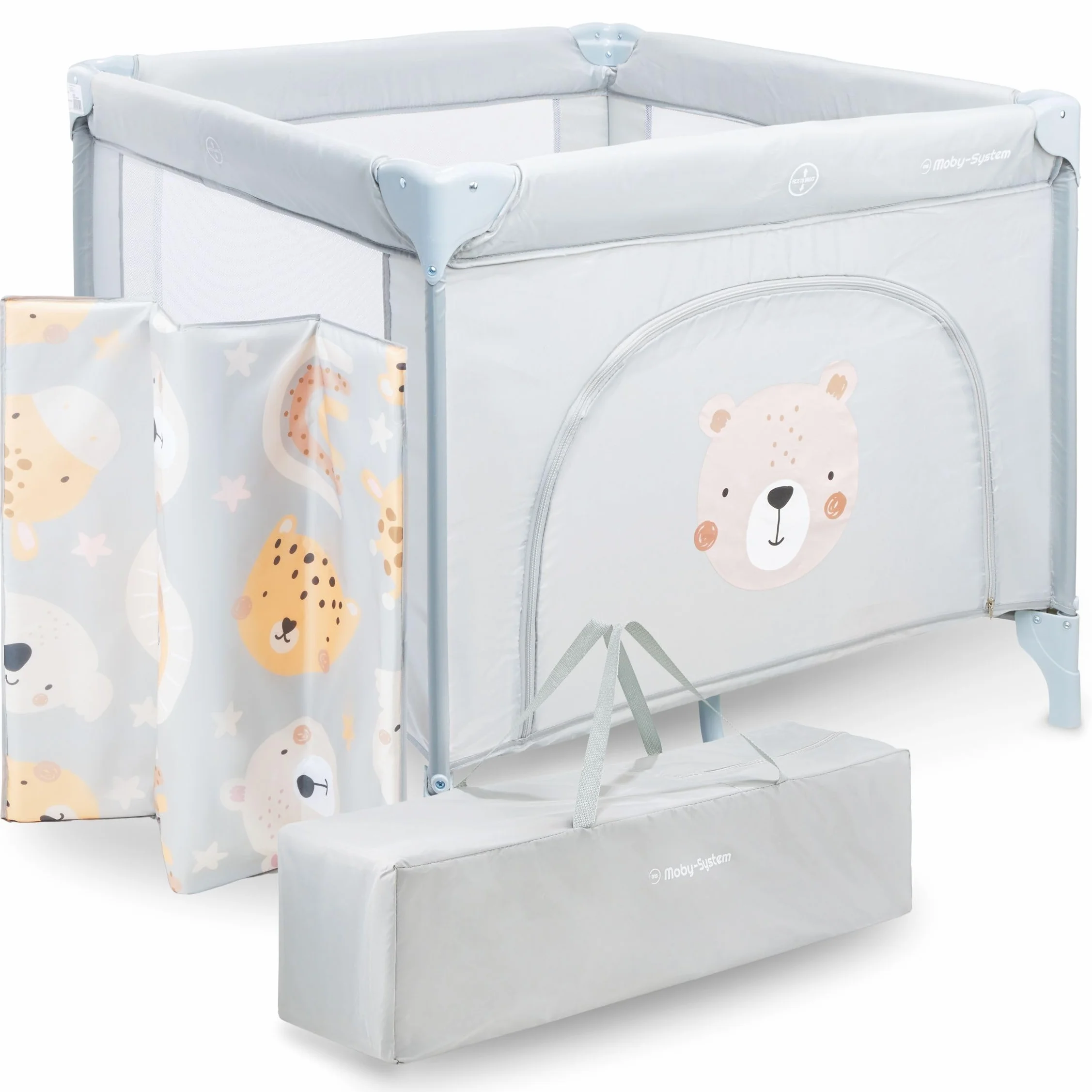 Moby-System Parc Bébé avec Matelas et Sac de Transport - Lit Parapluie Pliable, 97 x 100 x 77 cm