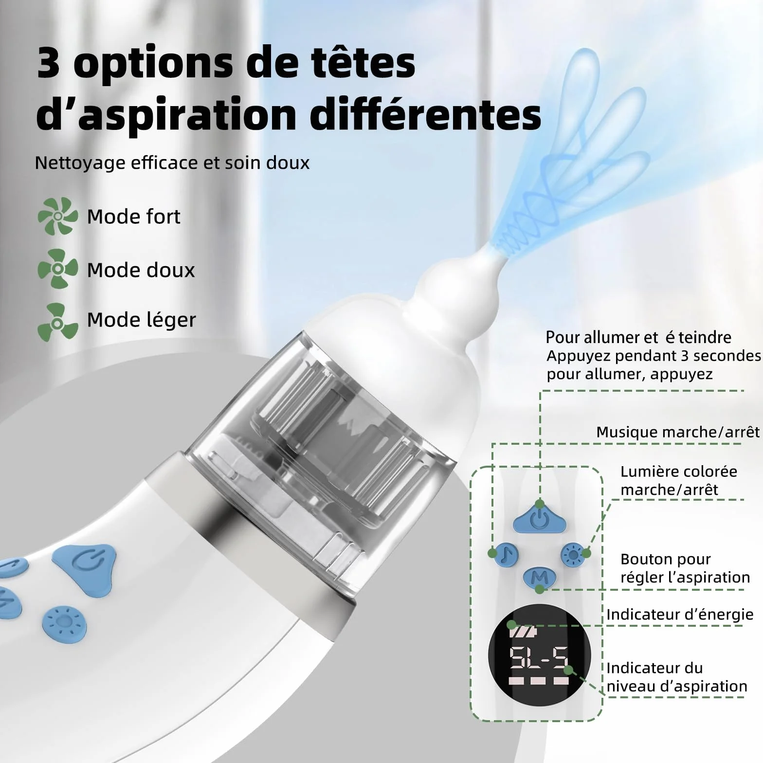 Mouche Bebe Electrique, Mouche Nez Bébé 5 Niveaux Aspiration 3 Tailles Embout Musique Lumière LED Portable