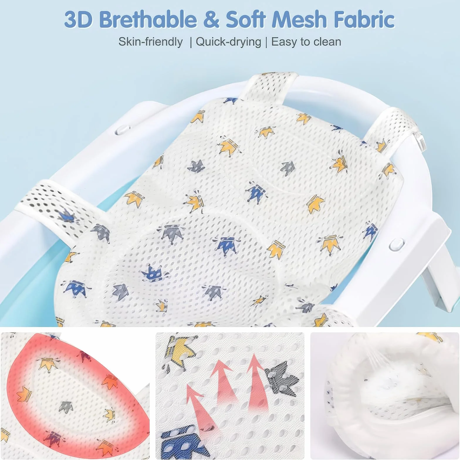 Coussin de Bain pour Bébé, Réducteur de Baignoire, Hamac avec 5 Sangles de Sécurité, Filet Respirant Anti-Glissant