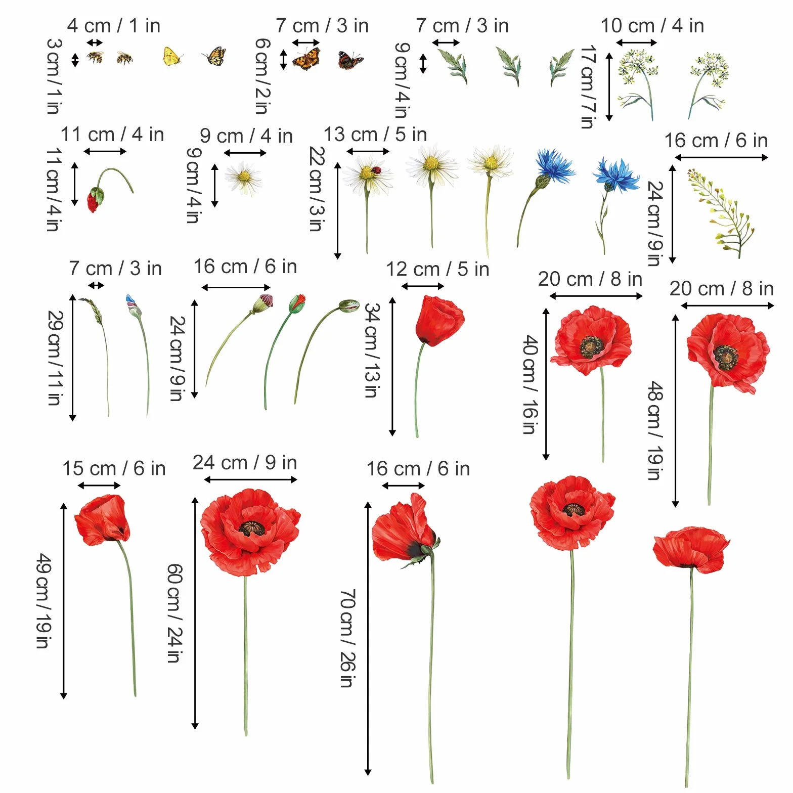 Decalmile Autocollant Mural Coquelicots Rouges Fleur Papillon Décoration Murale Chambre Salon