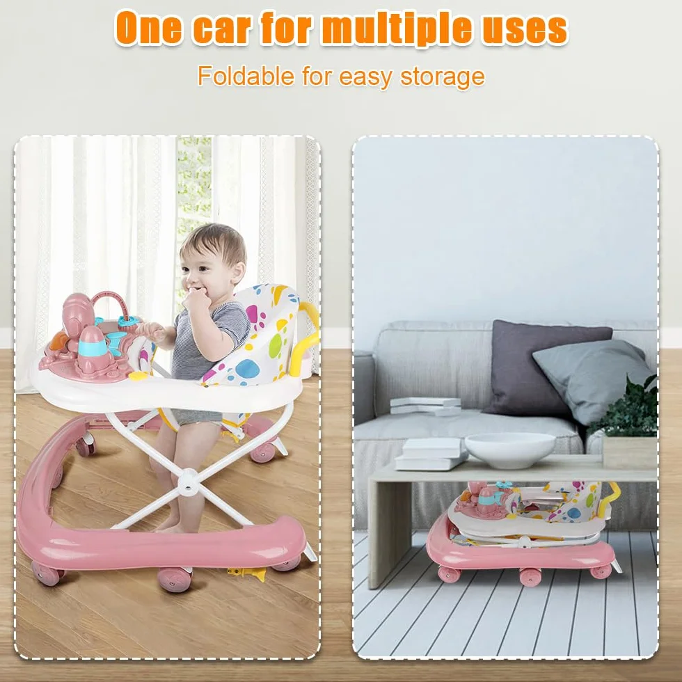 Trotteur Bébé 2en1 Hauteur Réglable avec Musique, 8 Roues, Auvent, 62x68x36-81cm Rose