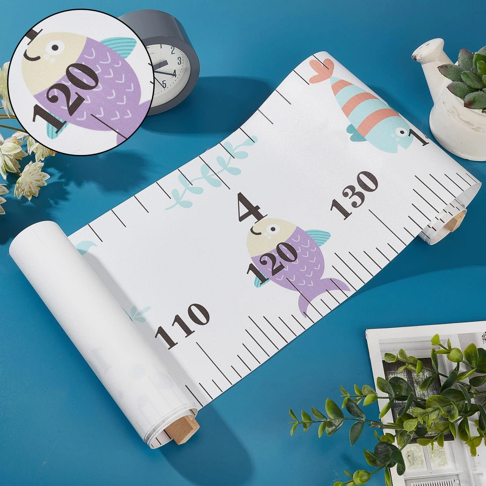 CREATCABIN Tableau Croissance Animaux Mer Tissu Toile Hauteur Mesure Règle Cadre Bois Suspendu Amovible Dessin Animé Règle Murale Décoration Chambre Enfant