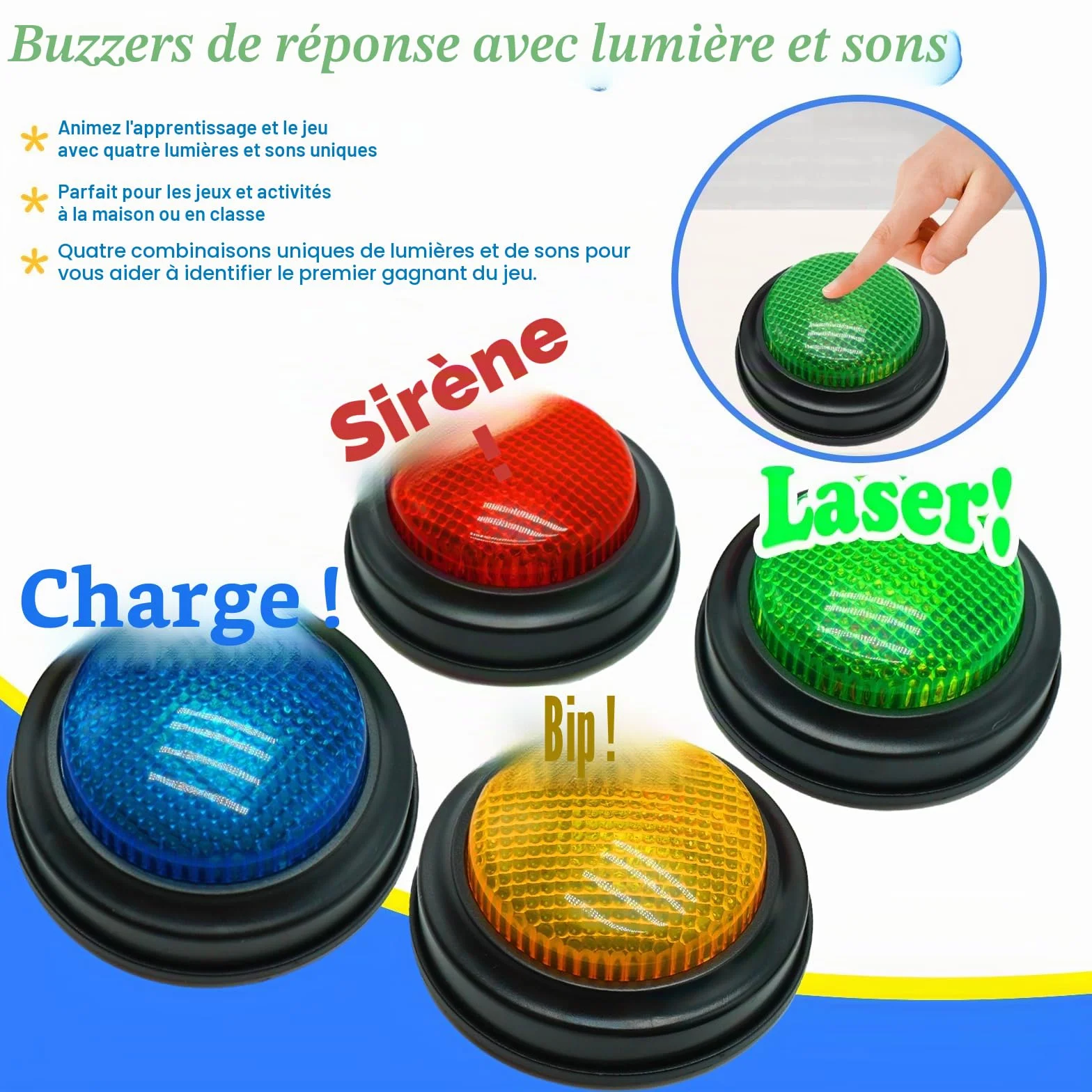 Gelaber Set de 4 Buzzer Blind Test, Buzzer Lumineux et Sonore pour Jeux de Questions