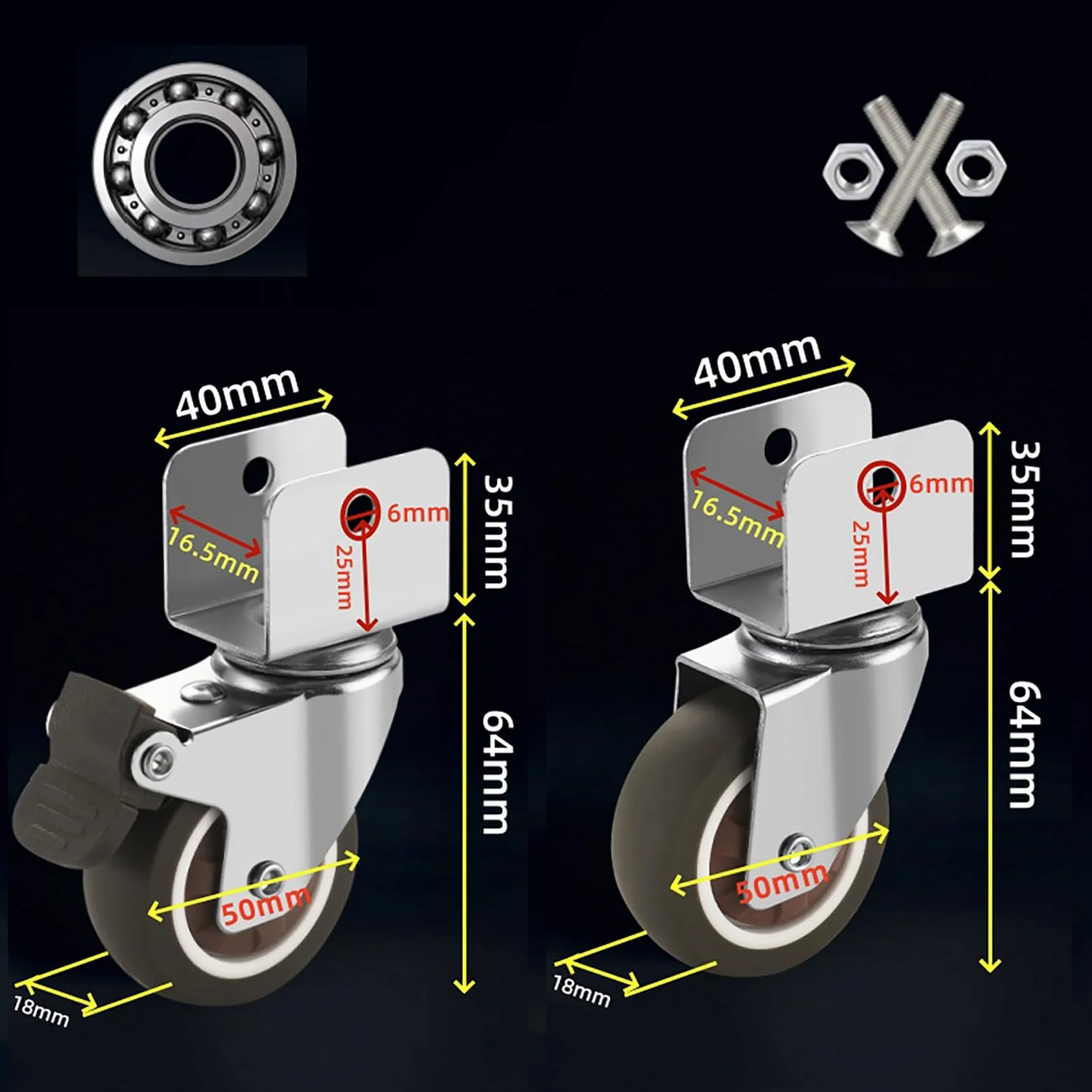 Roulettes Pivotantes Pour Meubles 16mm 4 Pièces 2 avec Frein Silencieux