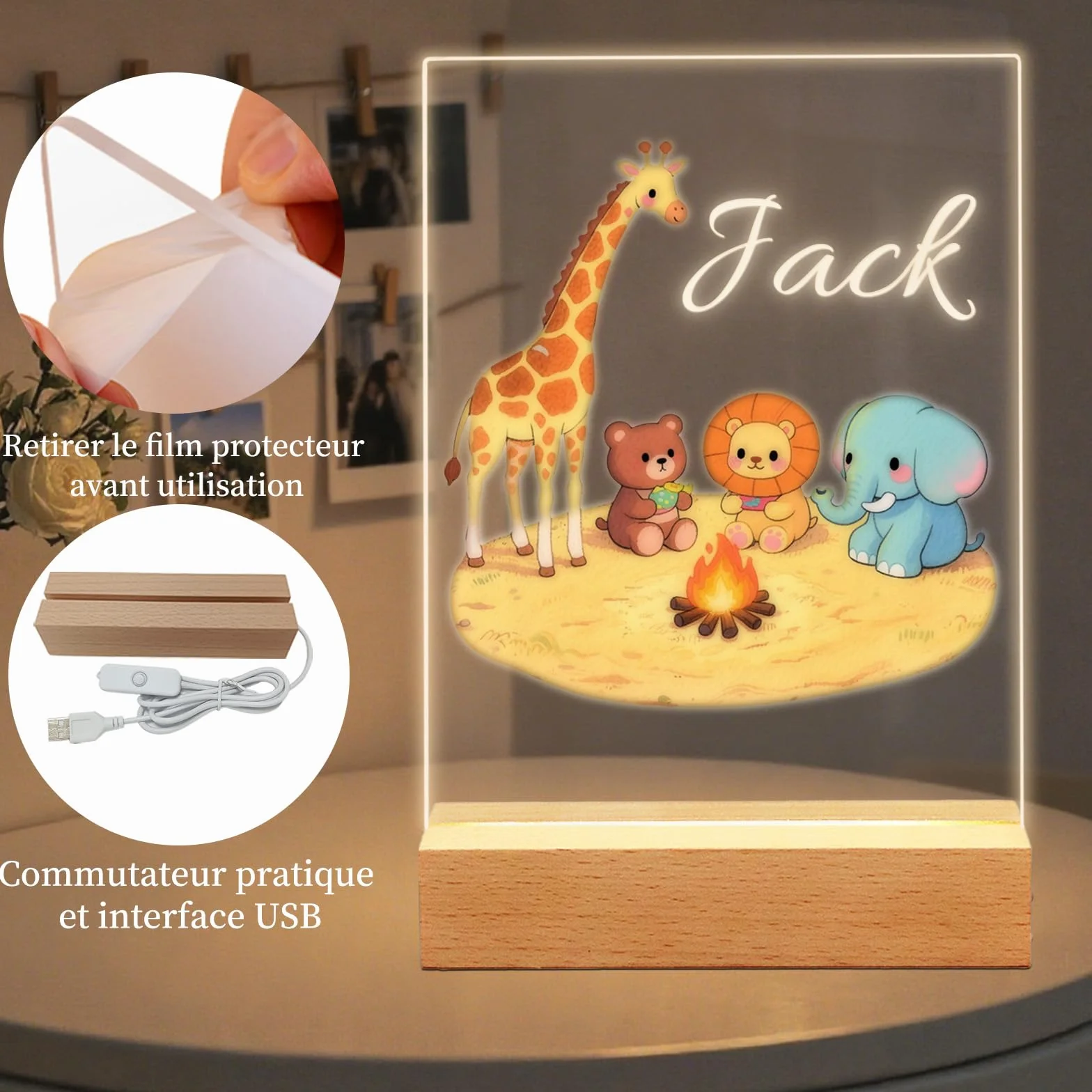 Lampe de Chevet Personnalisée pour Enfant, Cadeau Bébé, Souvenir de Baptême