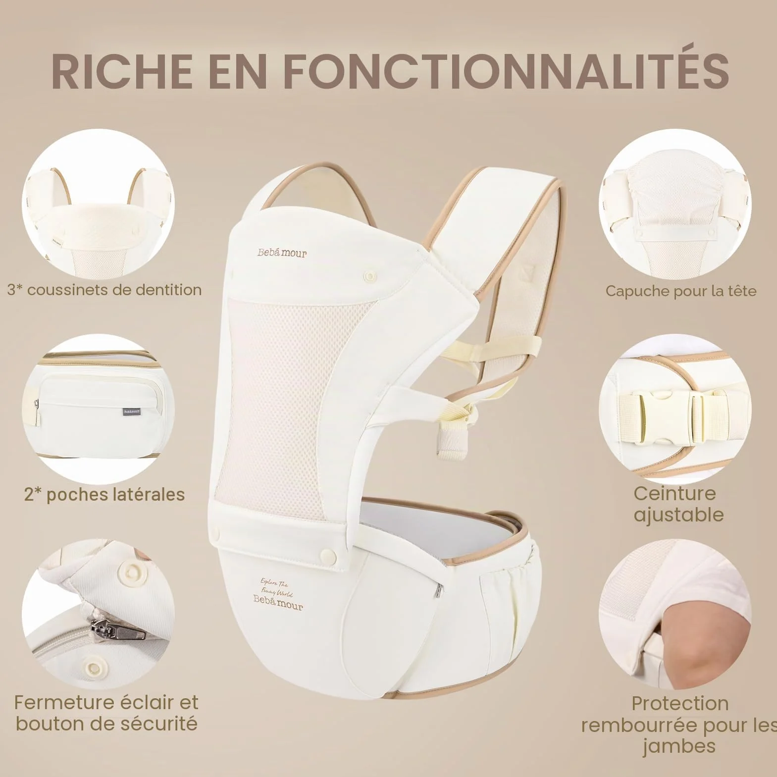 Bebamour Porte-bébé Hipseat 0-36 mois avec capuche et accessoires Beige