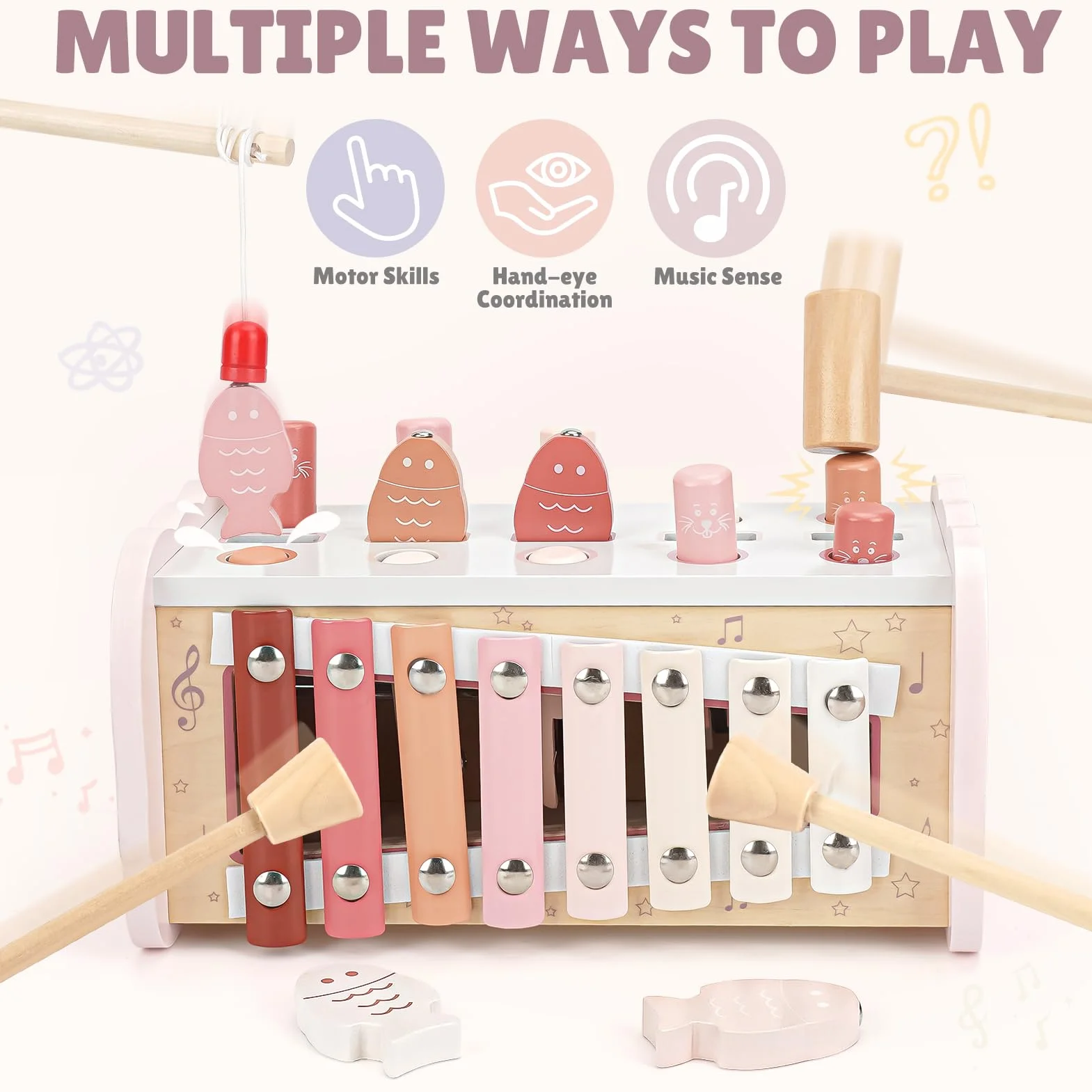 Joyreal Jeux Montessori 1 an - 4 en 1 Xylophone Bebe, Jeu Pêche, Jeu Marteau, Jouet en Bois Motricité Bébé Jeux Educatif