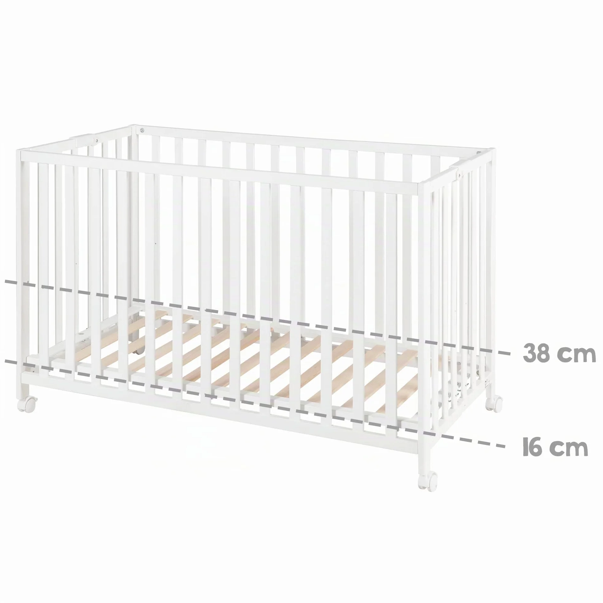 roba Lit Bébé Pliant en Hêtre Fold Up 60x120 cm avec Roulettes à Freins Blanc
