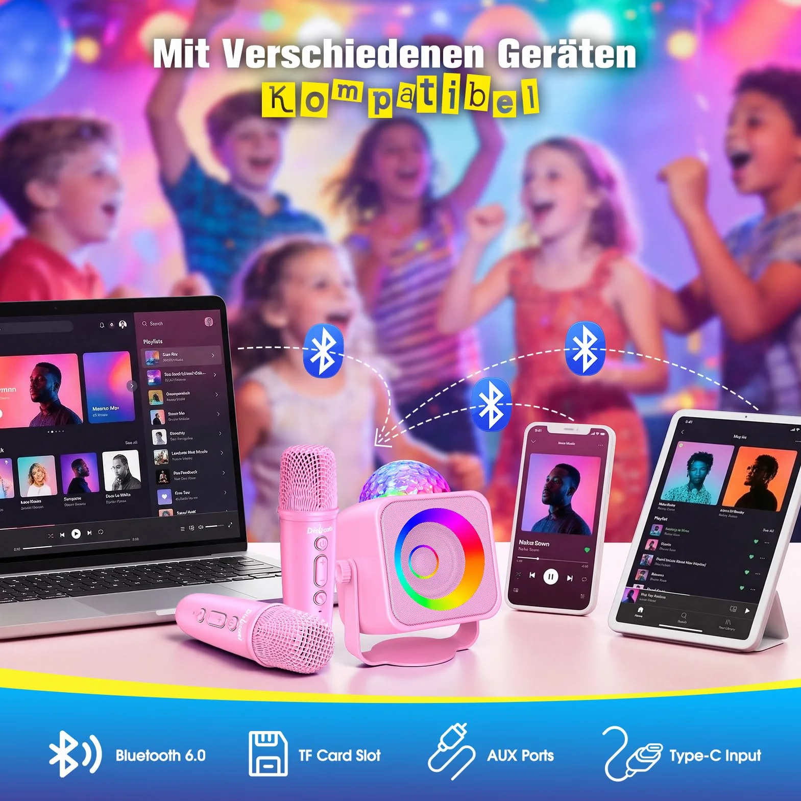 Micro Karaoke Enfant Adulte avec Lumières LED Disco et Support Amovible, Jouet Fille 3-15 Ans