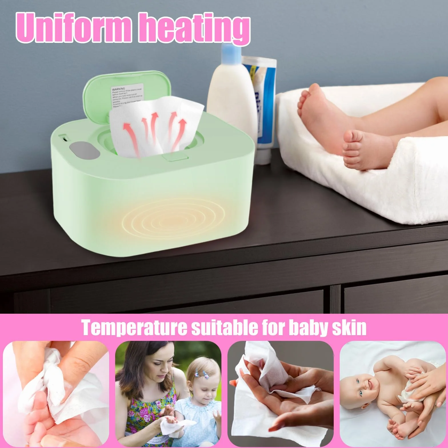 Chauffe-lingettes bébé USB portable température constante réutilisable vert