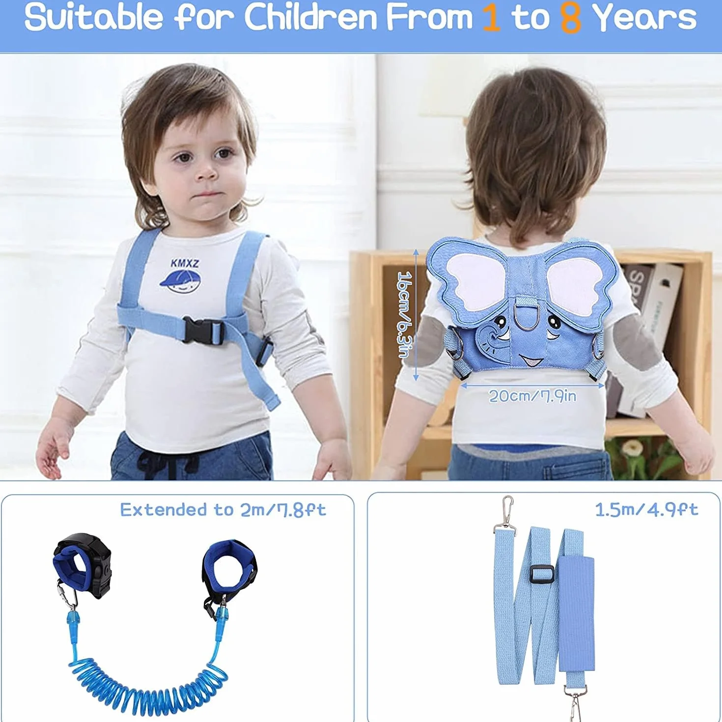 Laisse 3 en 1 pour enfant Anti-perte Harnais de course avec poignet de sécurité Motif éléphant