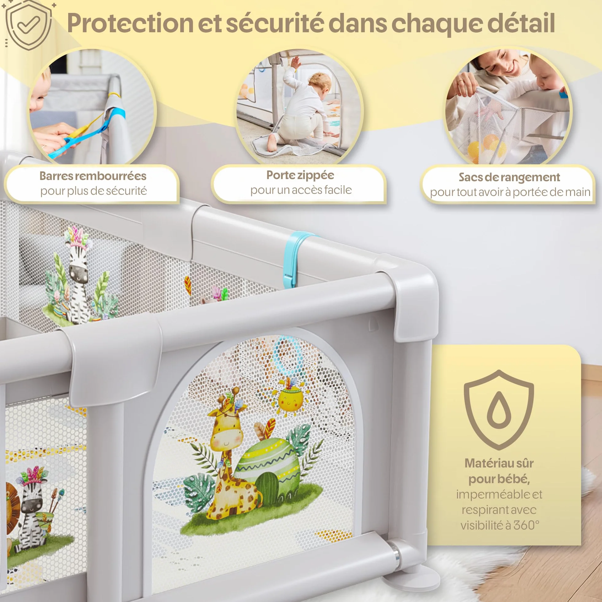 Parc Bébé 150x150cm avec Illustrations, Parc de Jeux Rembourré avec Tapis Réversible, Livre Sensoriel, Balles Colorées et Anneaux d’Appui
